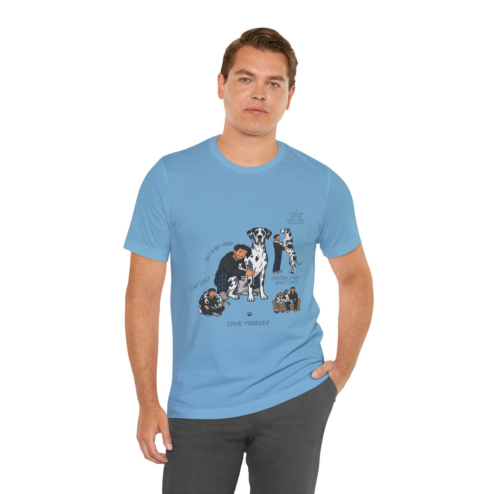Blue and Black Merlequin with blue eyes Great Danes Illustrated Tee — "Men + Great Danes" Graphic T-Shirt - Image 54