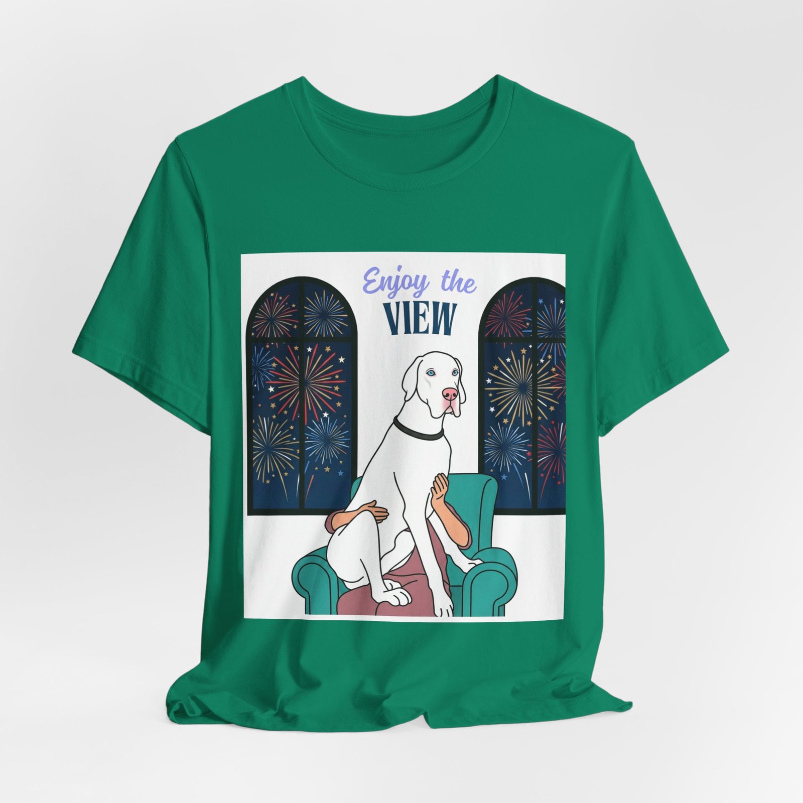 White with Blue Eyes Great Dane Enjoy the View T-Shirt — Dog Watching Fireworks Graphic Tee - Image 34