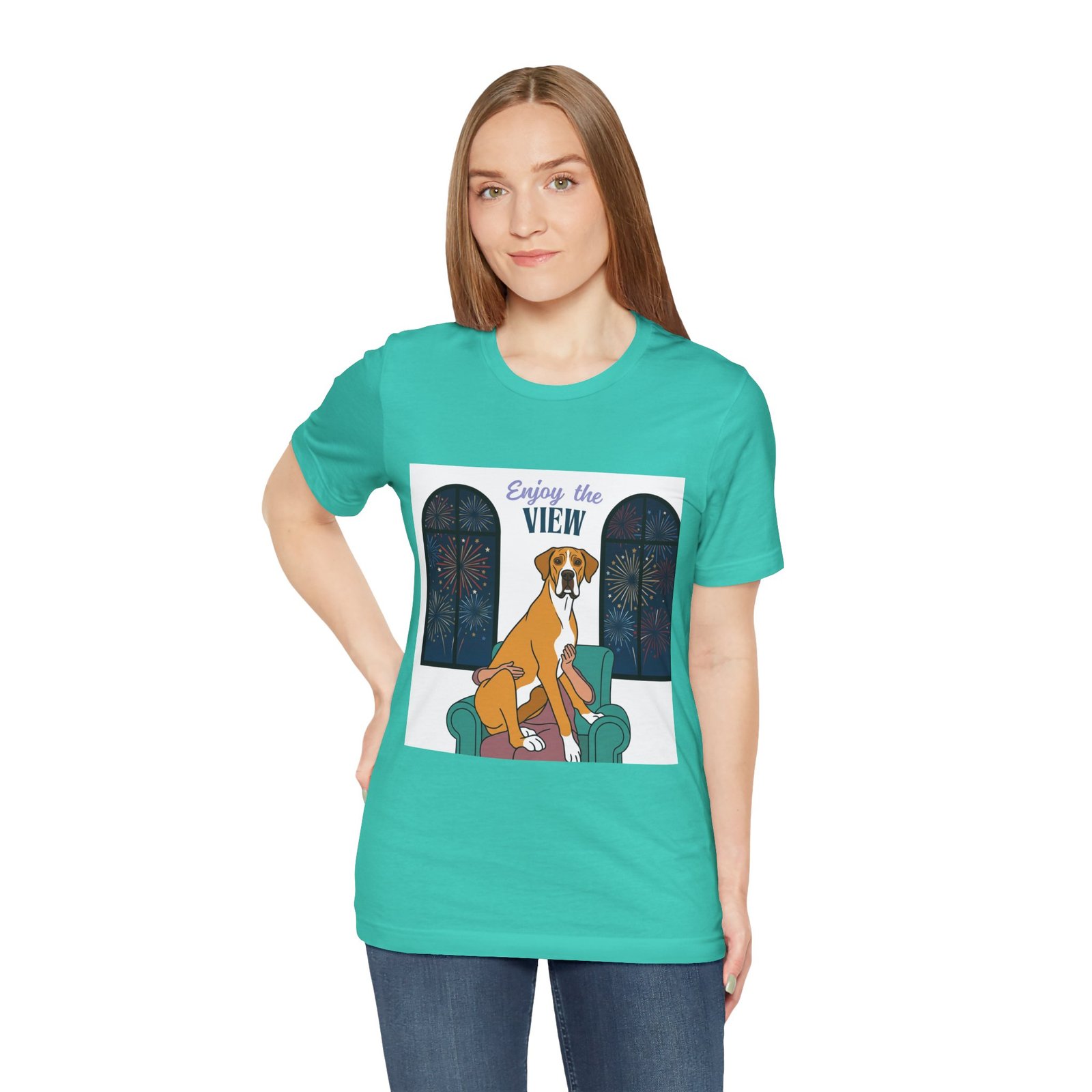 Fawn Mantle Great Dane Enjoy the View T-Shirt — Dog Watching Fireworks Graphic Tee - Image 30