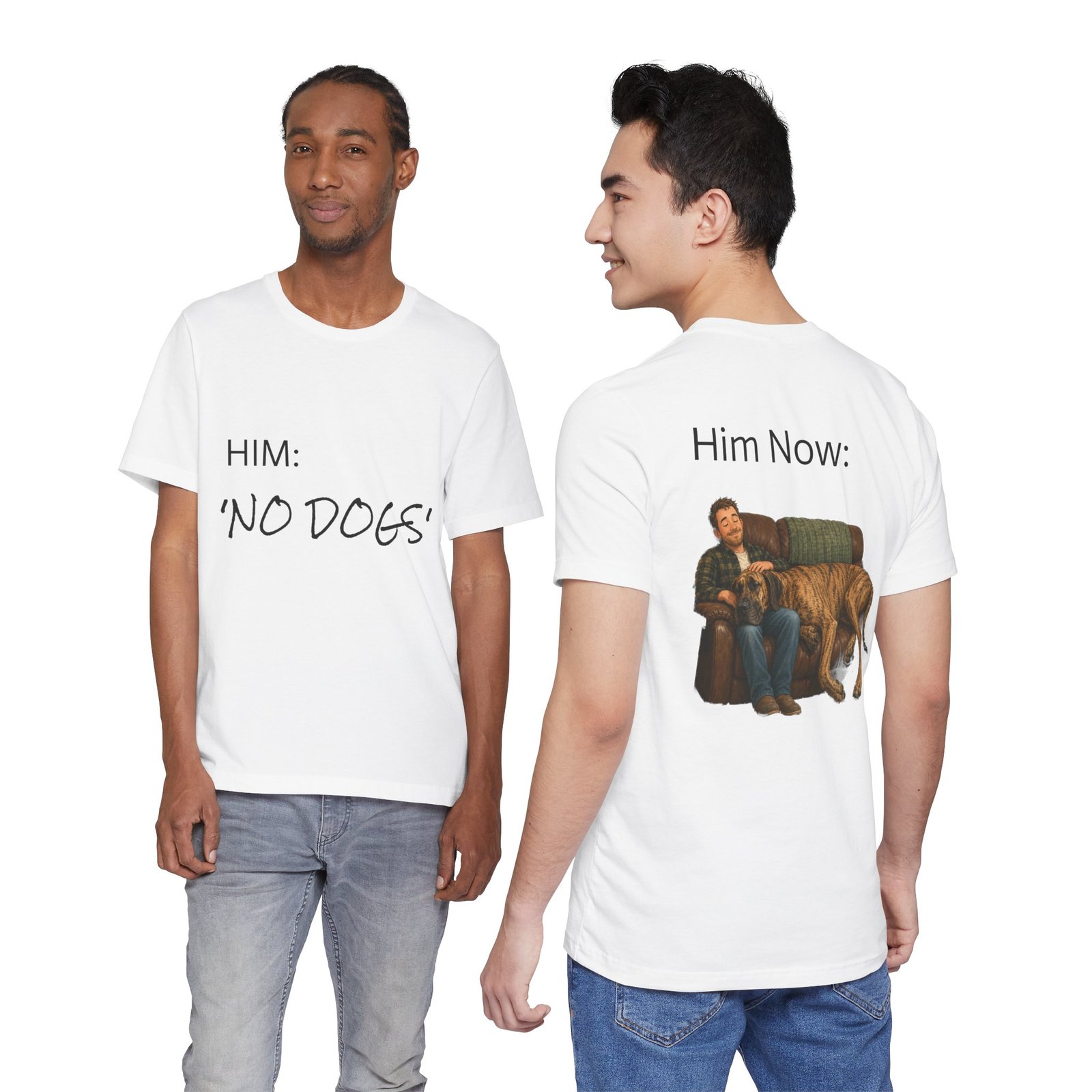 Brindle Great Dane T-Shirt — "NO DOGS" Script Front with Man and Dog on Couch Graphic - Image 16