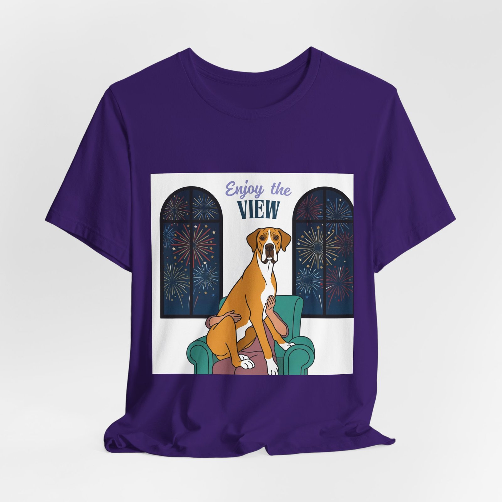 Fawn Mantle Great Dane Enjoy the View T-Shirt — Dog Watching Fireworks Graphic Tee - Image 54