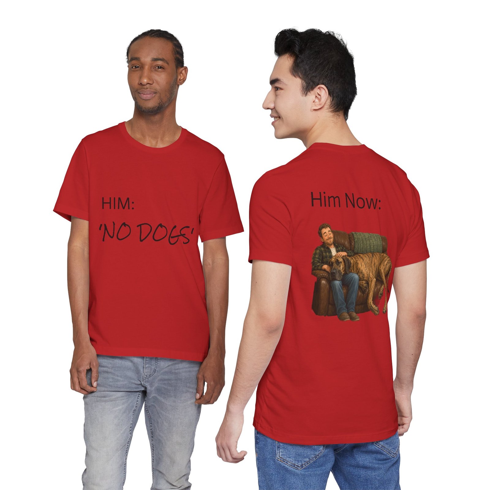 Brindle Great Dane T-Shirt — "NO DOGS" Script Front with Man and Dog on Couch Graphic - Image 60