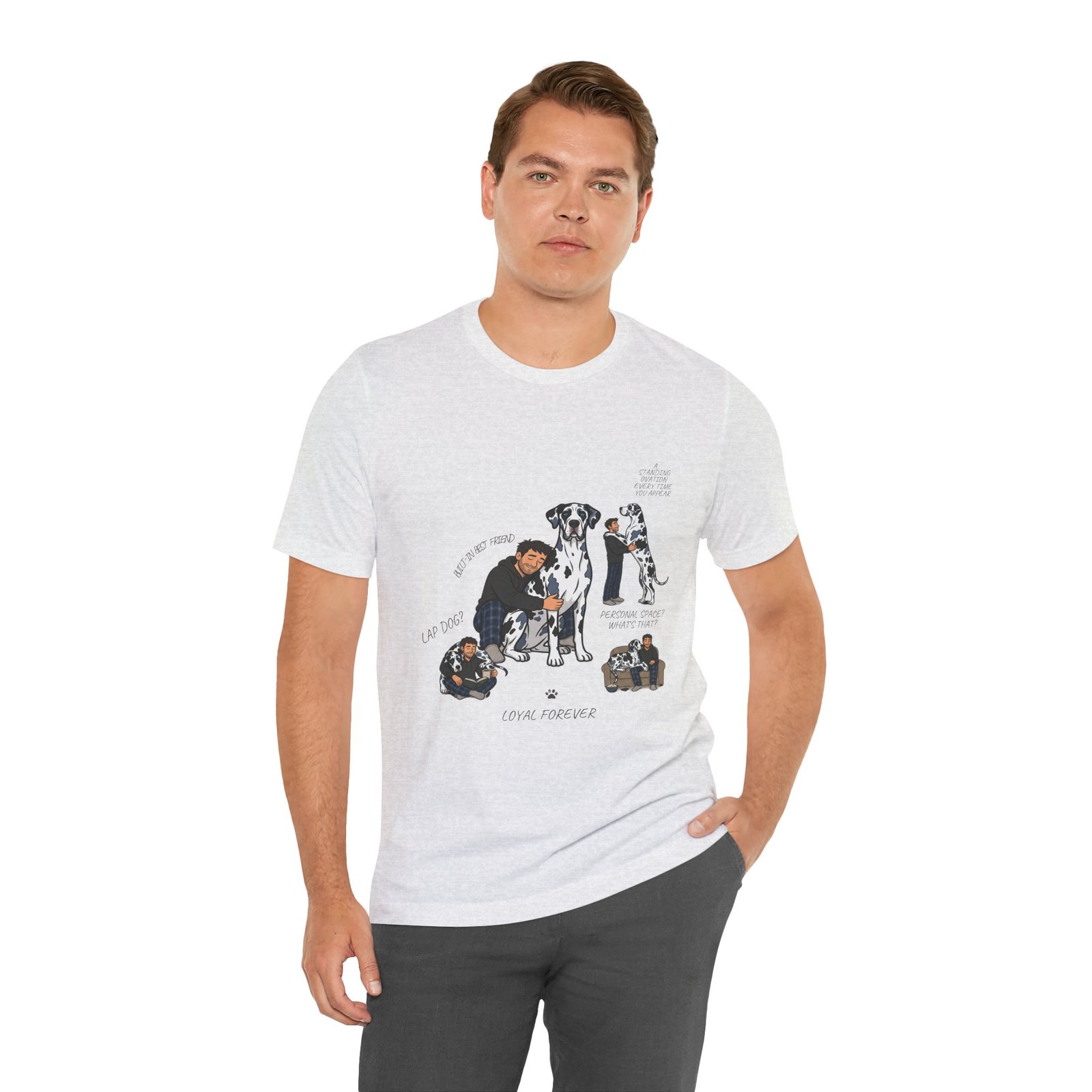 Blue and Black Merlequin with blue eyes Great Danes Illustrated Tee — "Men + Great Danes" Graphic T-Shirt - Image 71