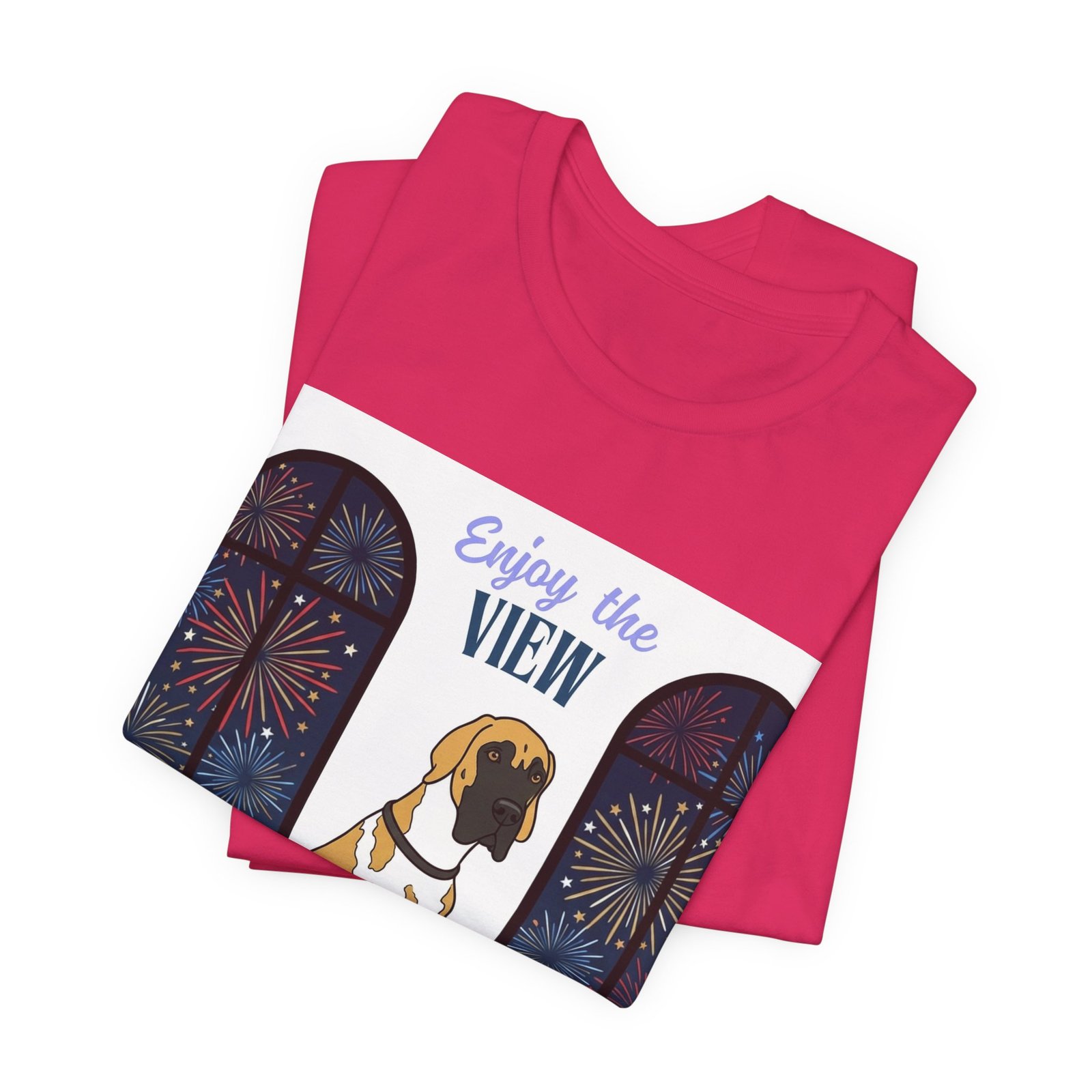 Fawnequin Great Dane Enjoy the View T-Shirt — Dog Watching Fireworks Graphic Tee - Image 4