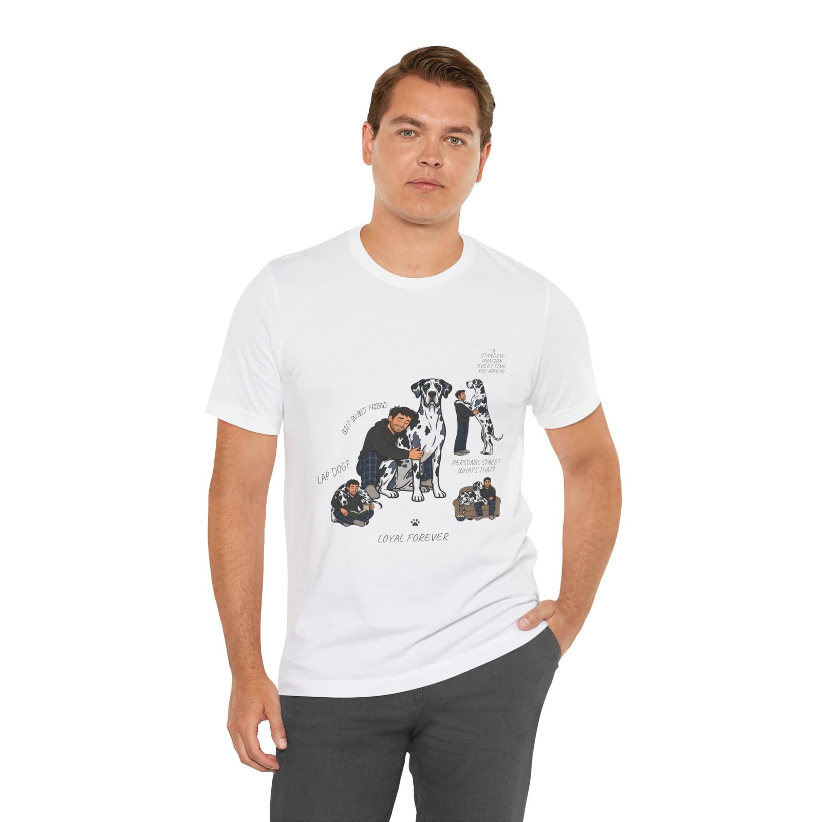 Blue and Black Merlequin with blue eyes Great Danes Illustrated Tee — "Men + Great Danes" Graphic T-Shirt