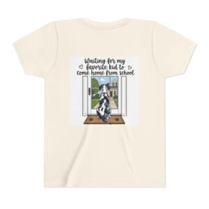Youth Tee Black & Blue Harlequin Great Dane "Waiting for My Favorite Kid to Come Home from School" Dog Mom Back-Print Kids T-Shirt