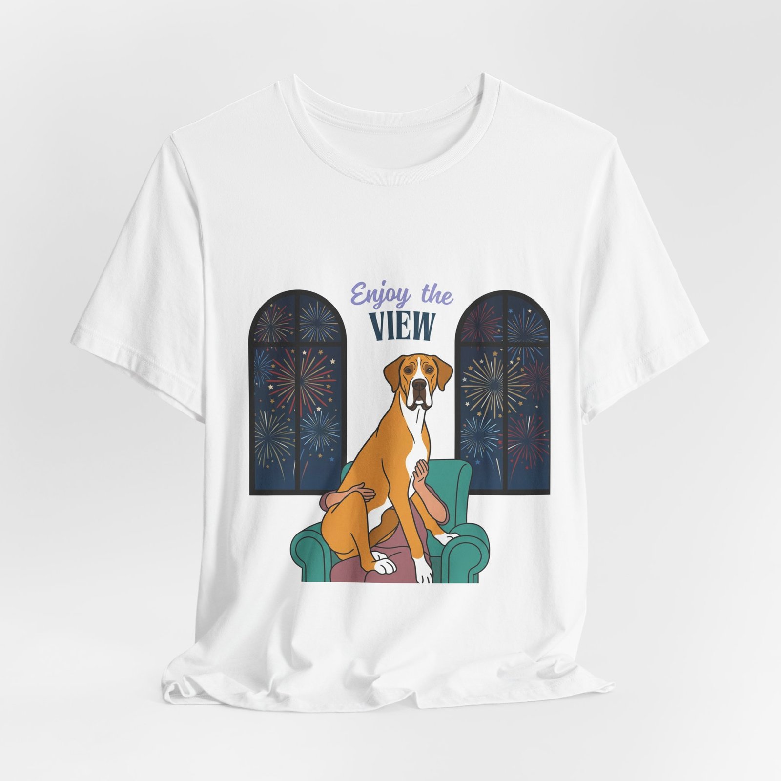 Fawn Mantle Great Dane Enjoy the View T-Shirt — Dog Watching Fireworks Graphic Tee - Image 20