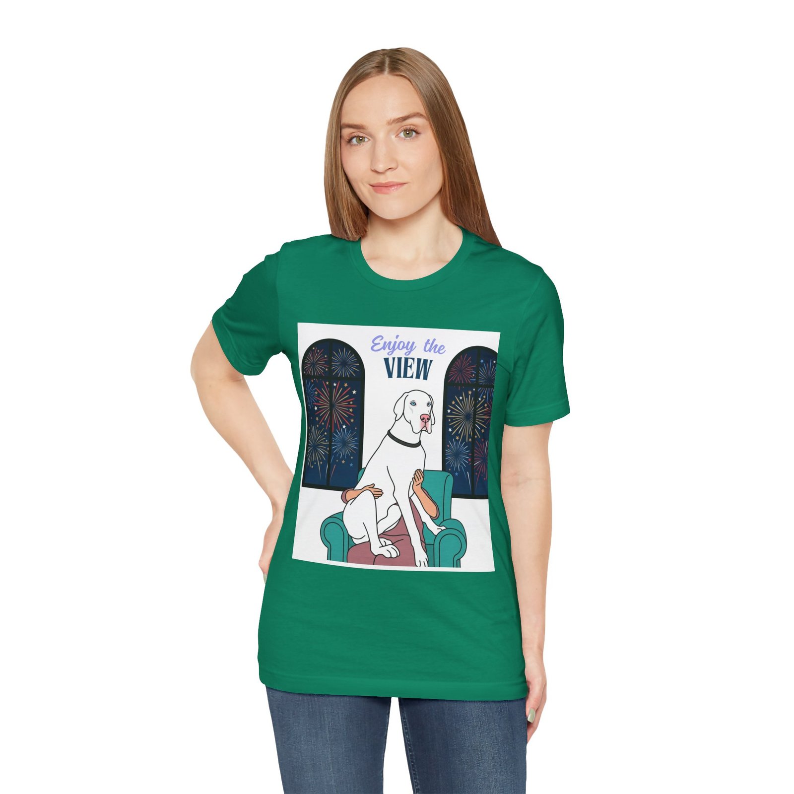 White with Blue Eyes Great Dane Enjoy the View T-Shirt — Dog Watching Fireworks Graphic Tee - Image 35