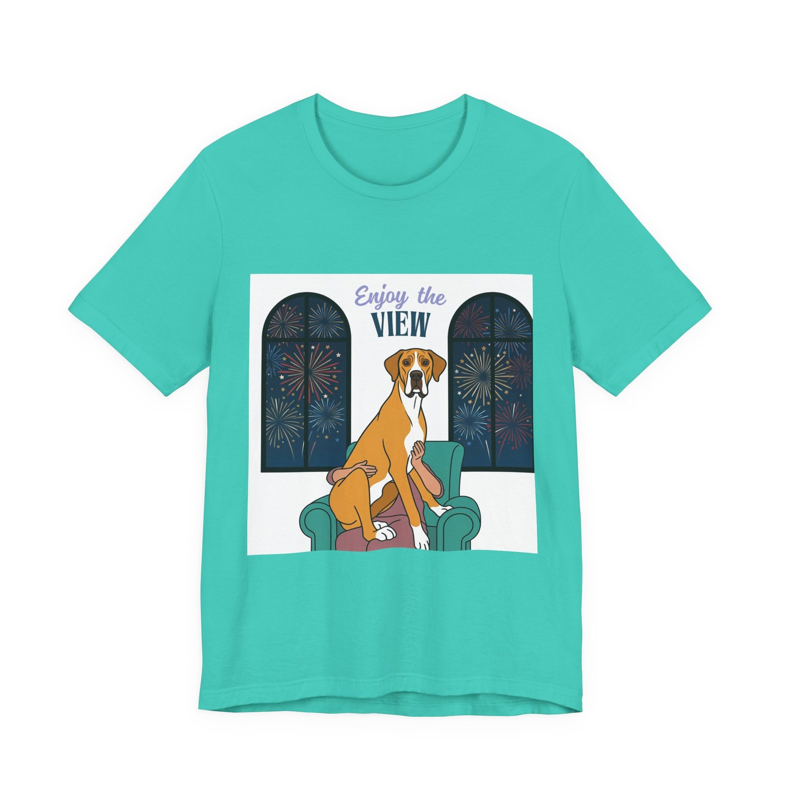 Fawn Mantle Great Dane Enjoy the View T-Shirt — Dog Watching Fireworks Graphic Tee - Image 26