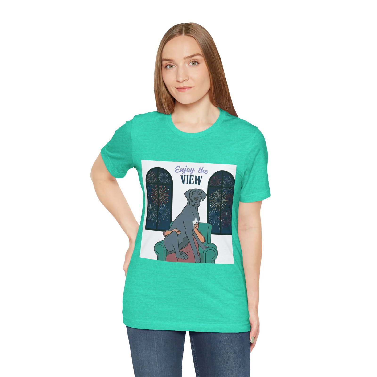 Blue with white chest marking Great Dane Enjoy the View T-Shirt — Dog Watching Fireworks Graphic Tee - Image 40