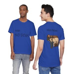 Fawnequin Great Dane T-Shirt — "NO DOGS" Script Front with Man and Dog on Couch Graphic
