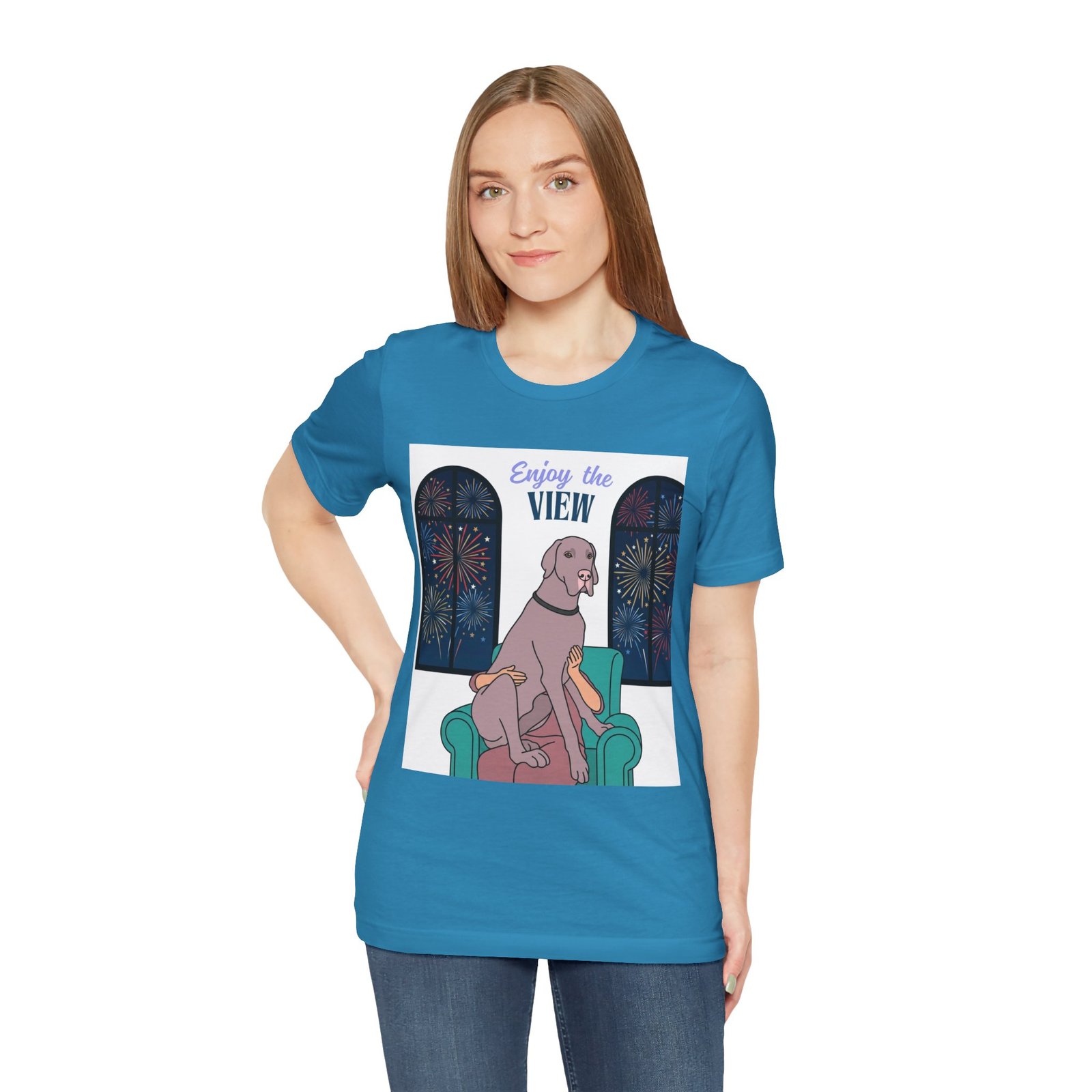 Lilac Great Dane Enjoy the View T-Shirt — Dog Watching Fireworks Graphic Tee - Image 6