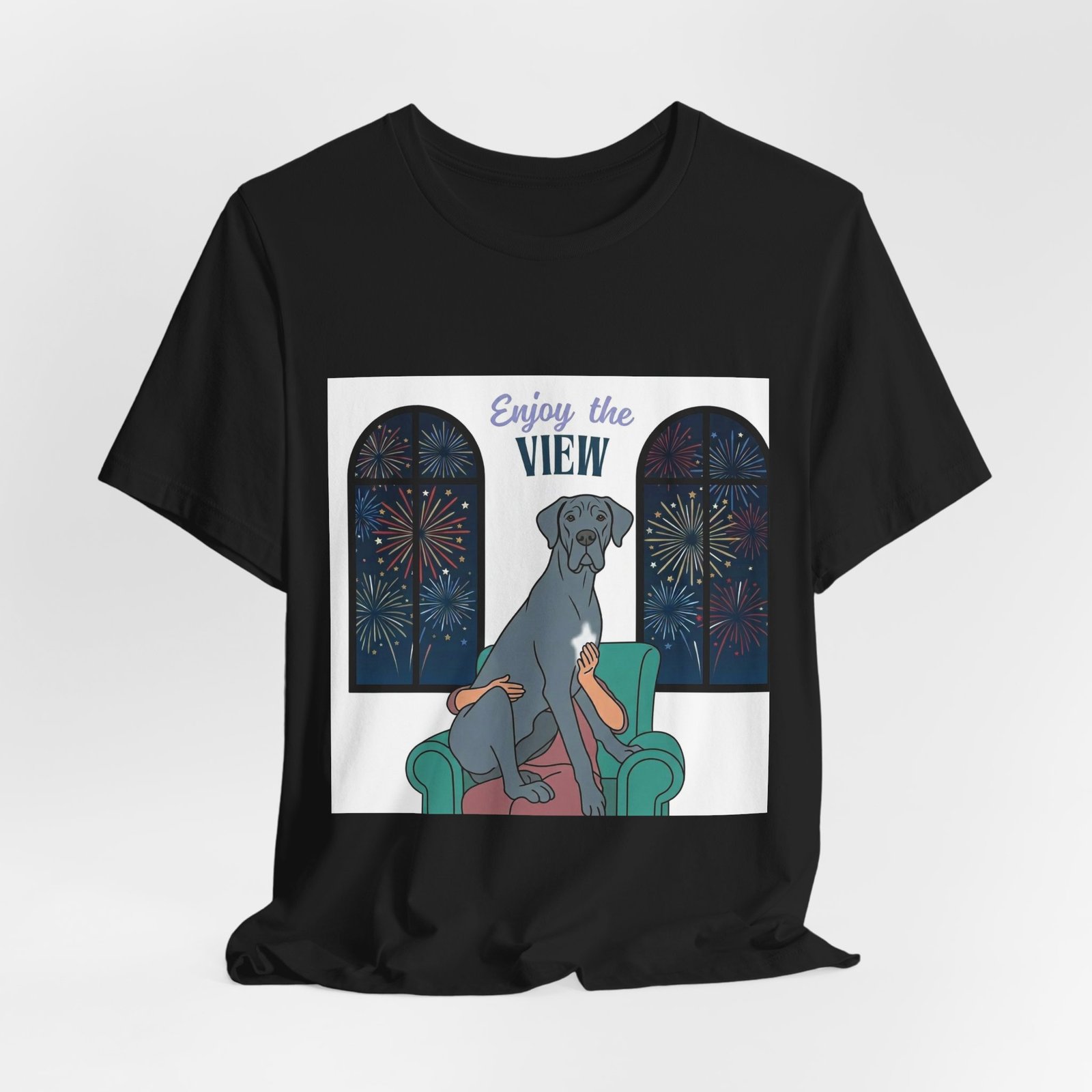 Blue with white chest marking Great Dane Enjoy the View T-Shirt — Dog Watching Fireworks Graphic Tee - Image 15
