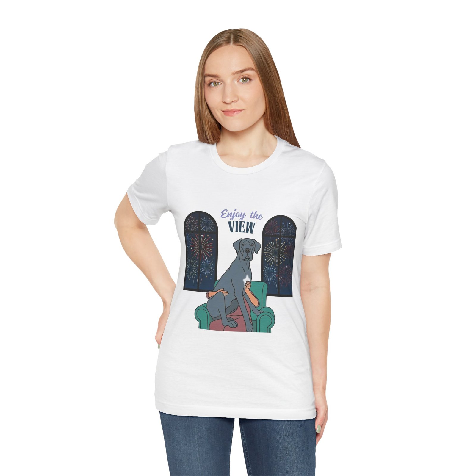 Blue with white chest marking Great Dane Enjoy the View T-Shirt — Dog Watching Fireworks Graphic Tee - Image 16