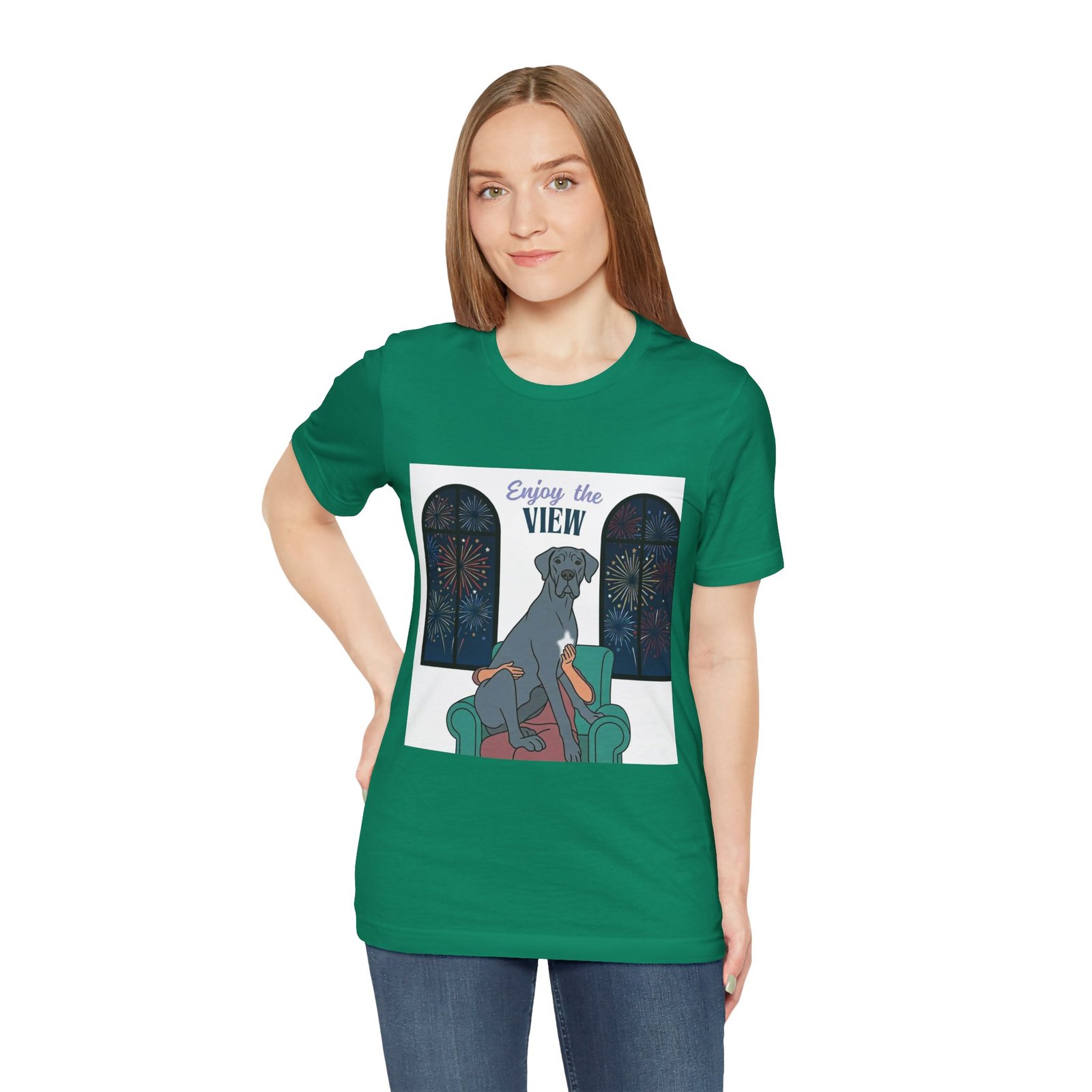 Blue with white chest marking Great Dane Enjoy the View T-Shirt — Dog Watching Fireworks Graphic Tee - Image 35