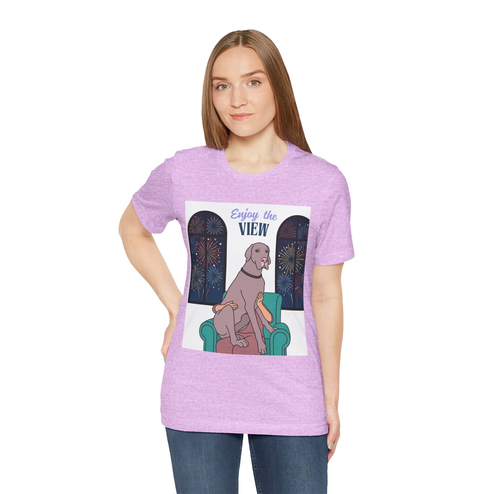 Lilac Great Dane Enjoy the View T-Shirt — Dog Watching Fireworks Graphic Tee - Image 60