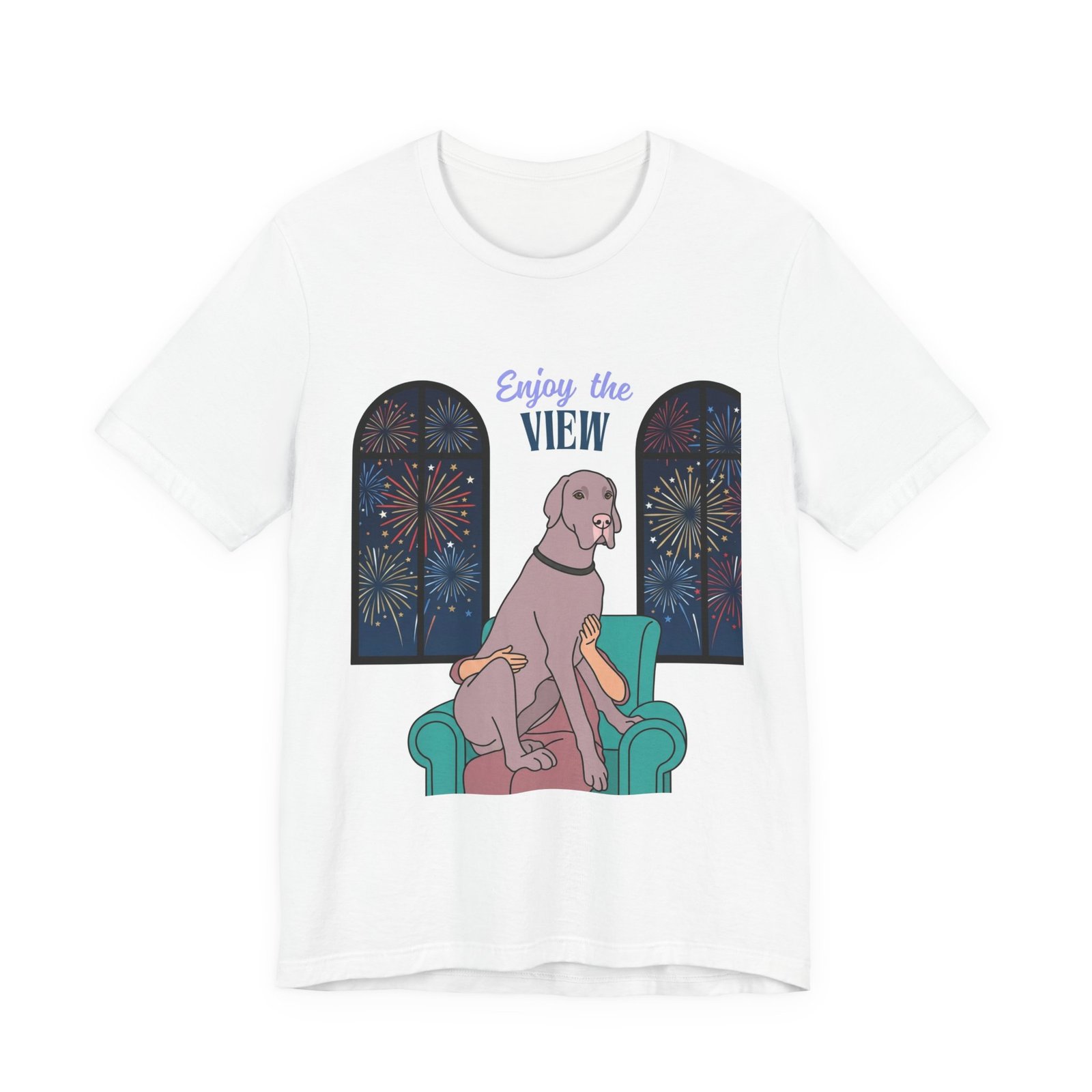 Lilac Great Dane Enjoy the View T-Shirt — Dog Watching Fireworks Graphic Tee - Image 17