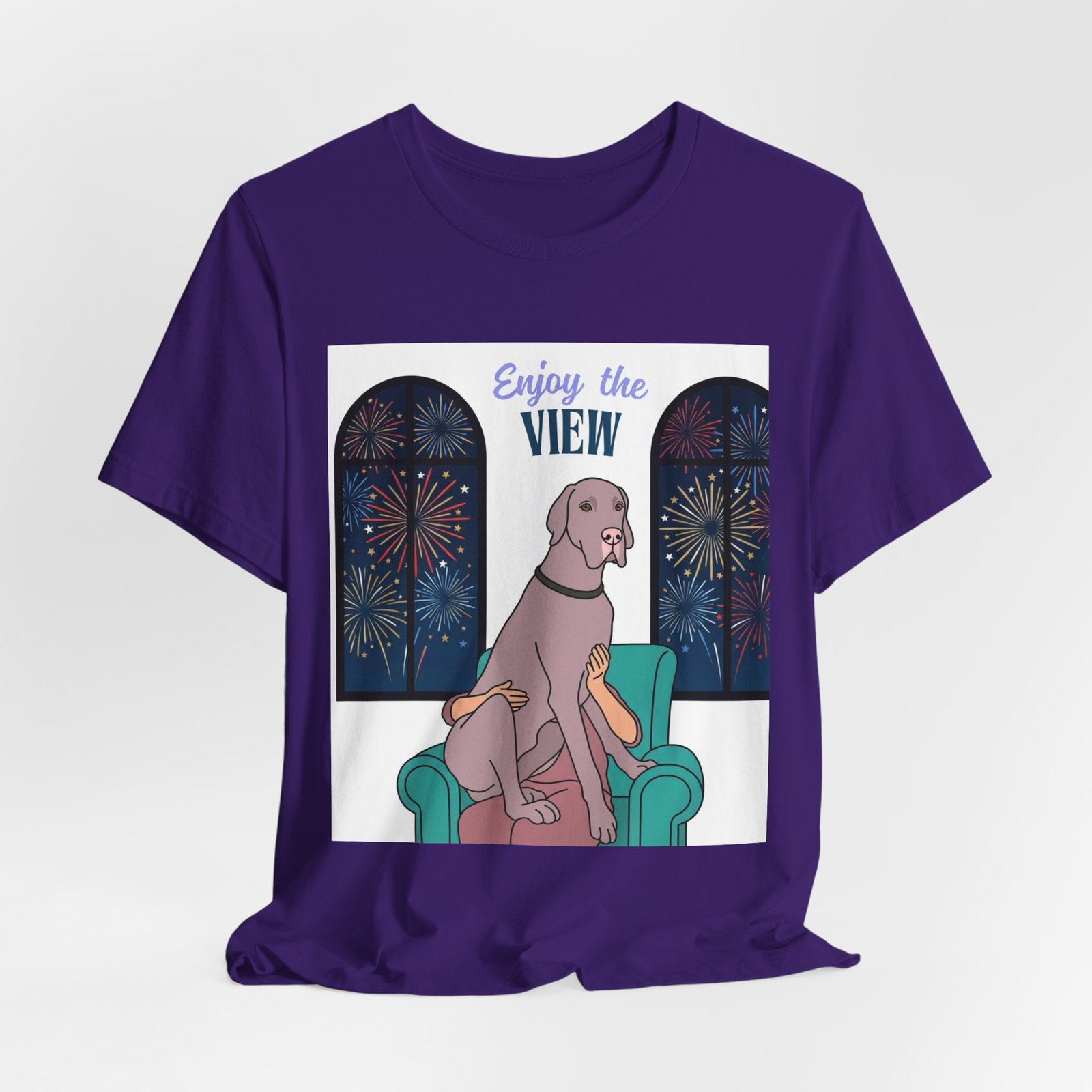 Lilac Great Dane Enjoy the View T-Shirt — Dog Watching Fireworks Graphic Tee - Image 54