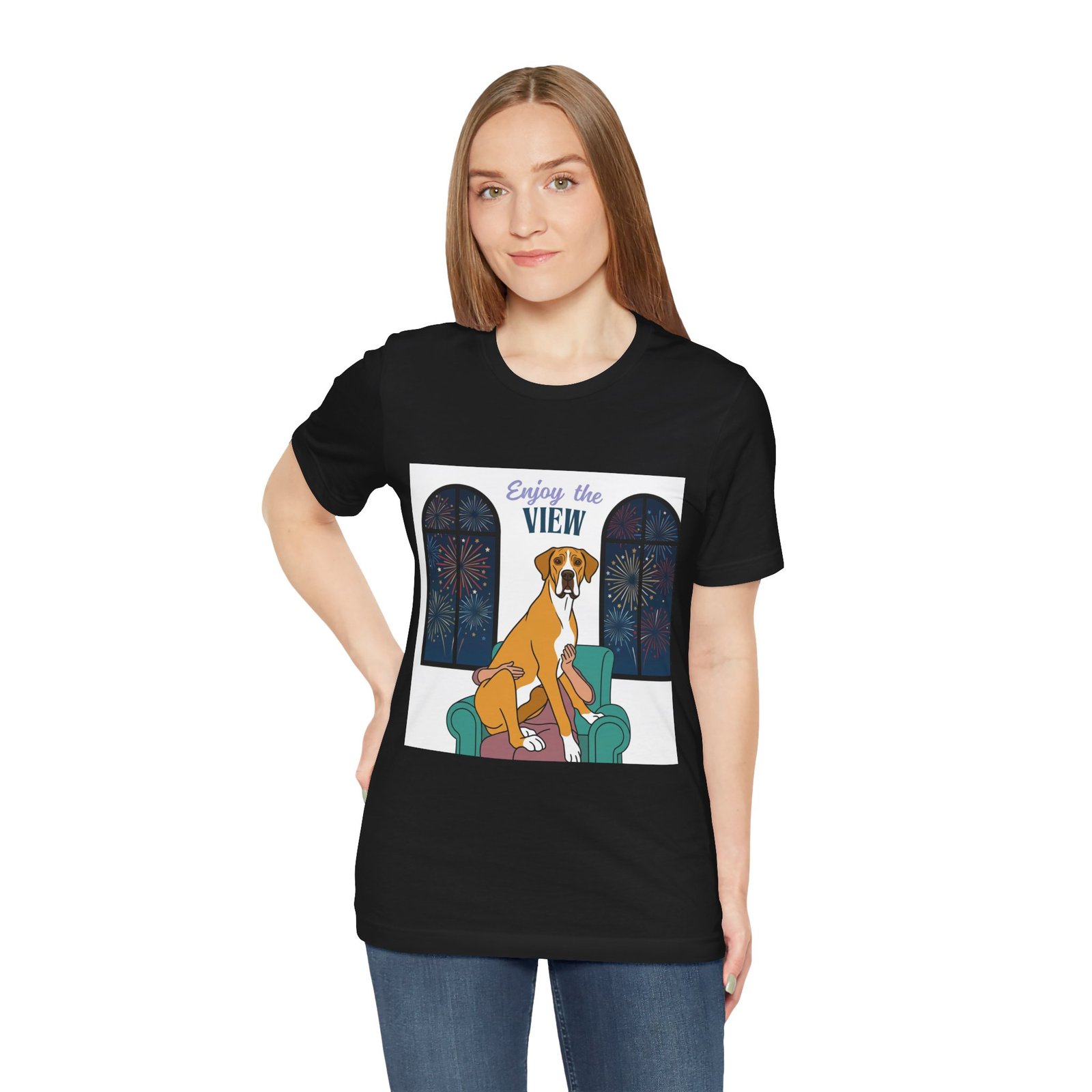Fawn Mantle Great Dane Enjoy the View T-Shirt — Dog Watching Fireworks Graphic Tee - Image 11