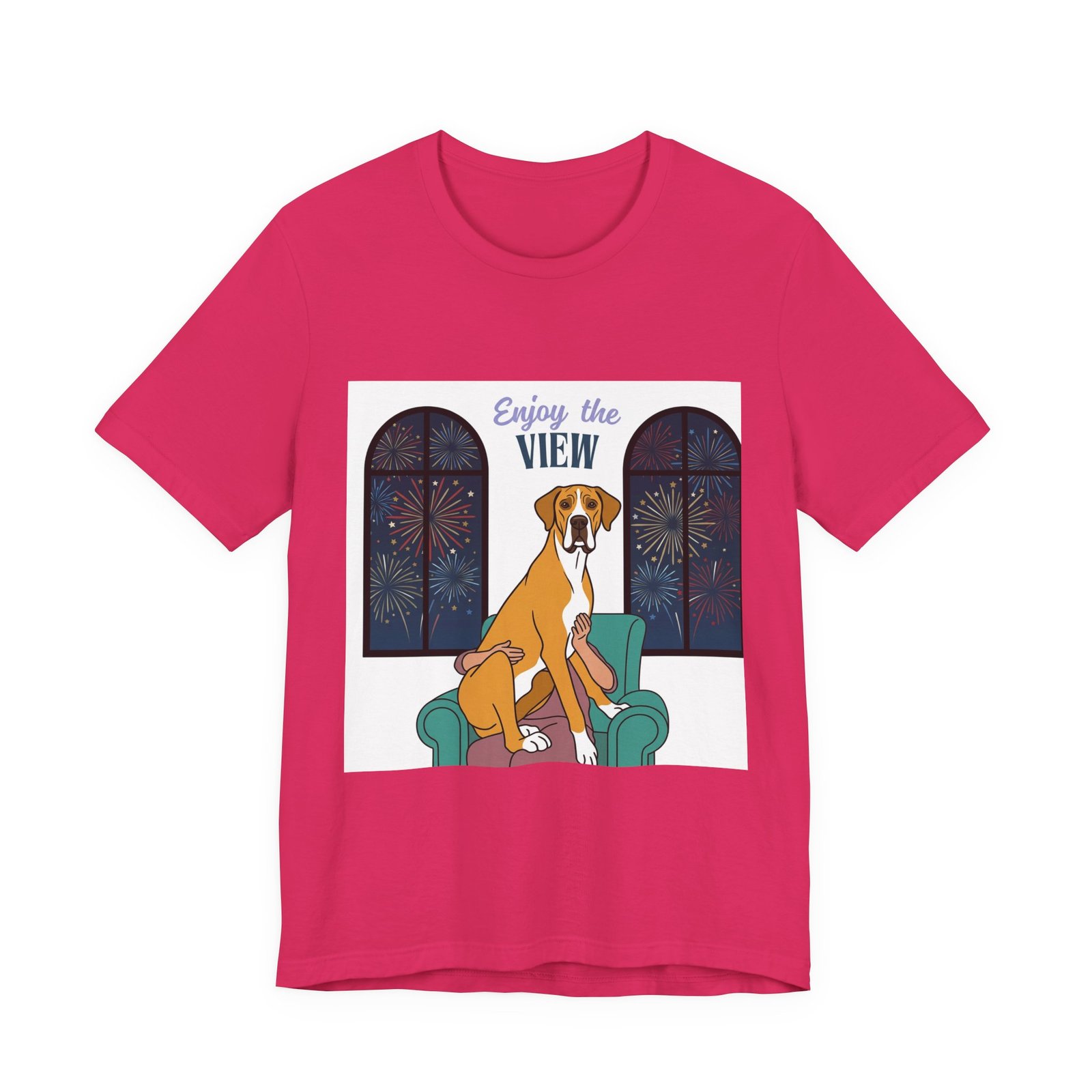 Fawn Mantle Great Dane Enjoy the View T-Shirt — Dog Watching Fireworks Graphic Tee - Image 2