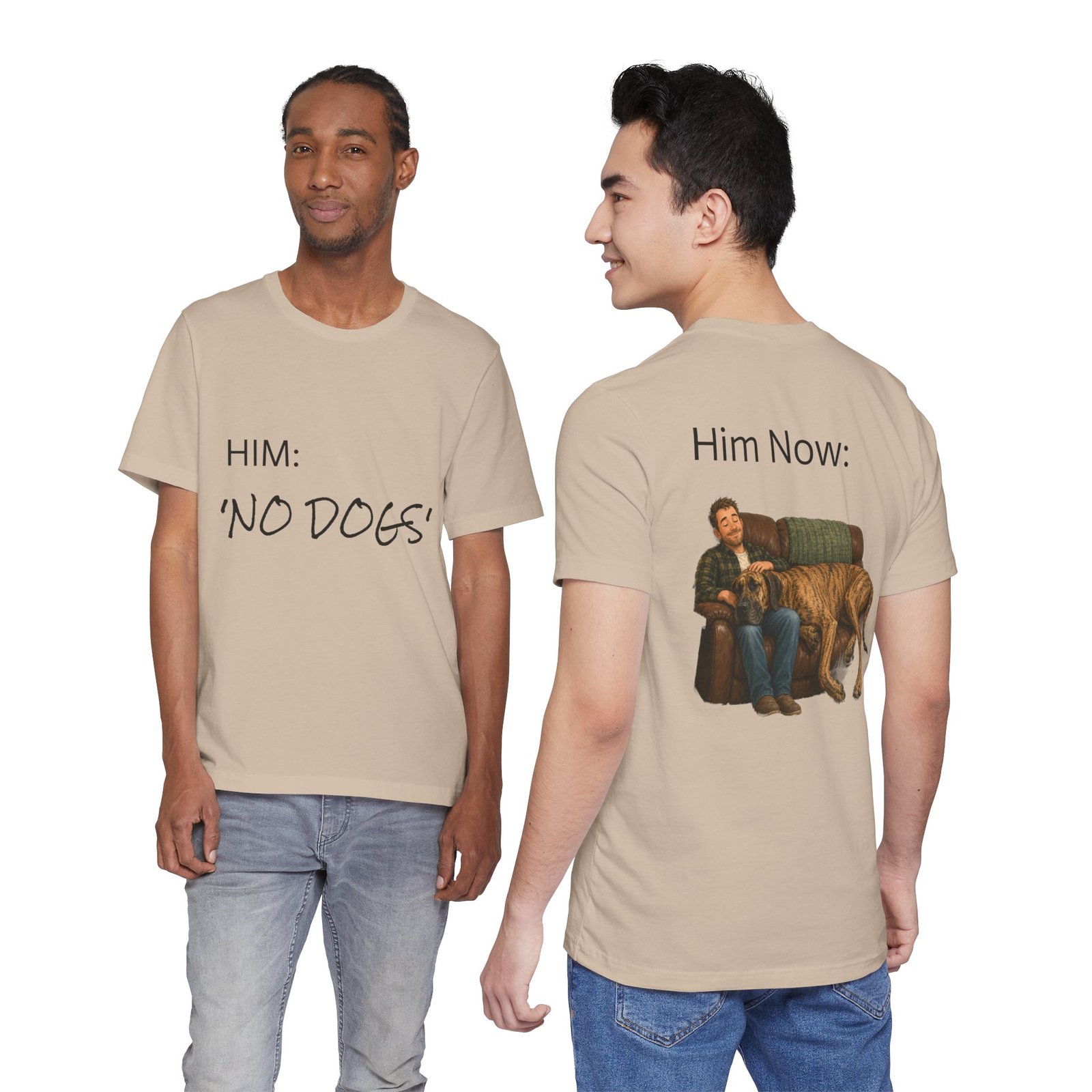 Brindle Great Dane T-Shirt — "NO DOGS" Script Front with Man and Dog on Couch Graphic - Image 45