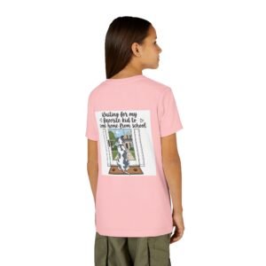 Youth Tee – Blue Harlequin Great Dane "Waiting for My Favorite Kid to Come Home from School" Back-Print Kids T-Shirt