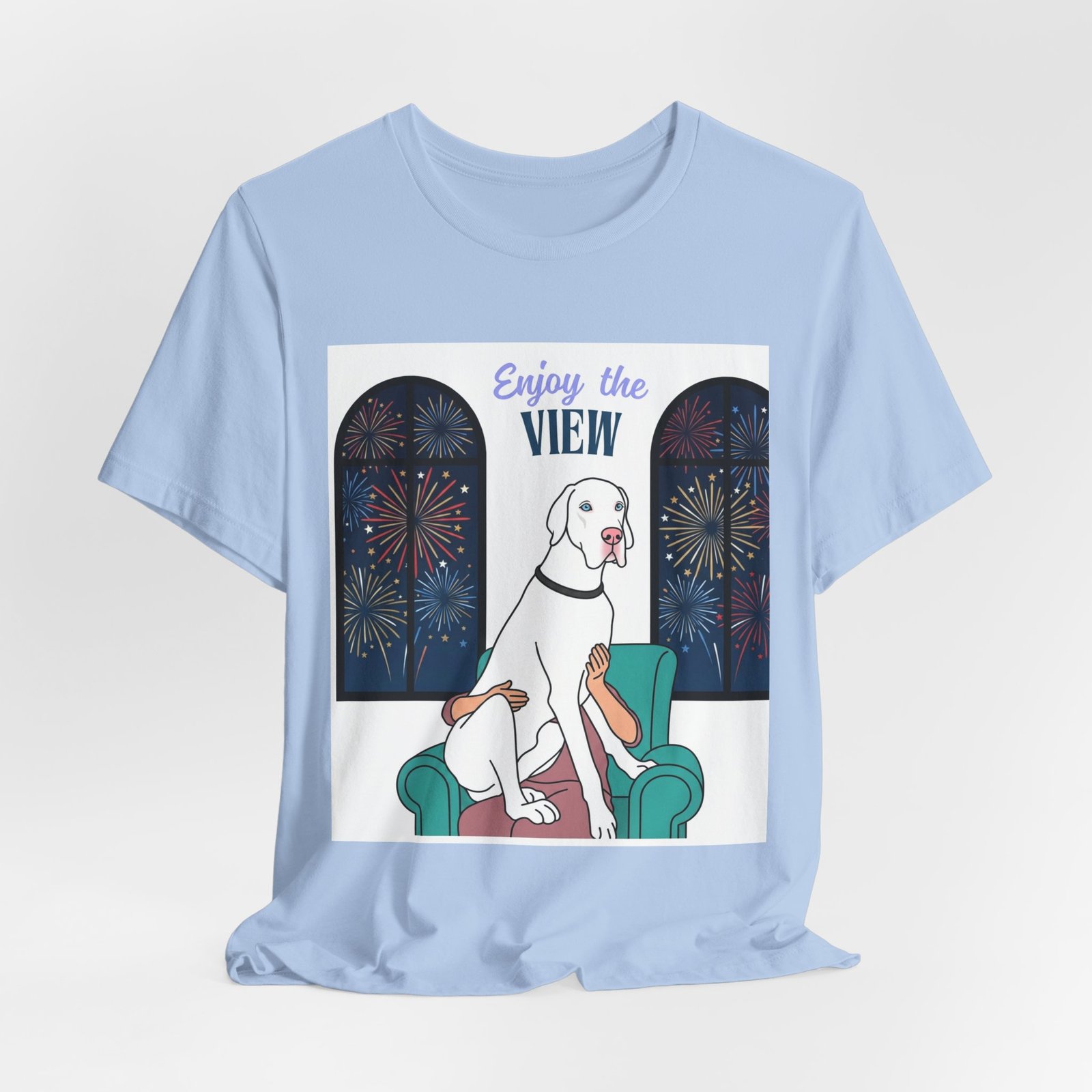 White with Blue Eyes Great Dane Enjoy the View T-Shirt — Dog Watching Fireworks Graphic Tee - Image 39