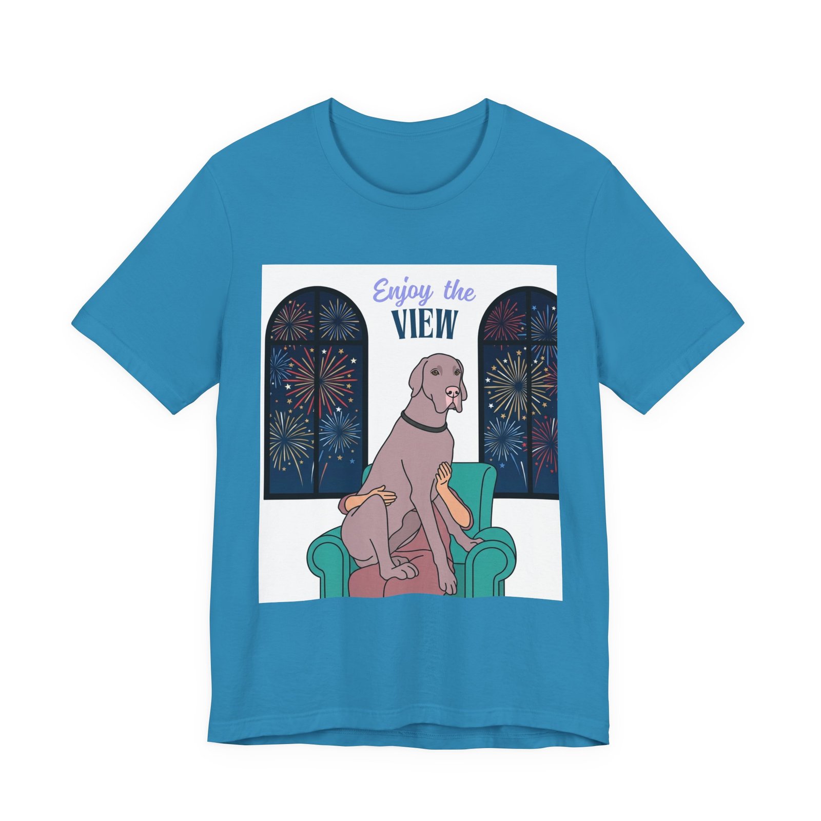 Lilac Great Dane Enjoy the View T-Shirt — Dog Watching Fireworks Graphic Tee - Image 7