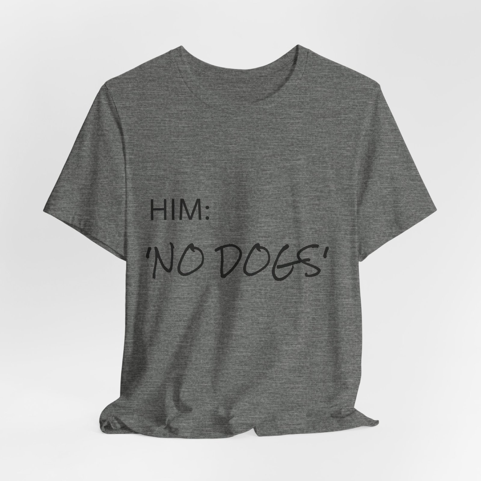Brindle Great Dane T-Shirt — "NO DOGS" Script Front with Man and Dog on Couch Graphic - Image 24
