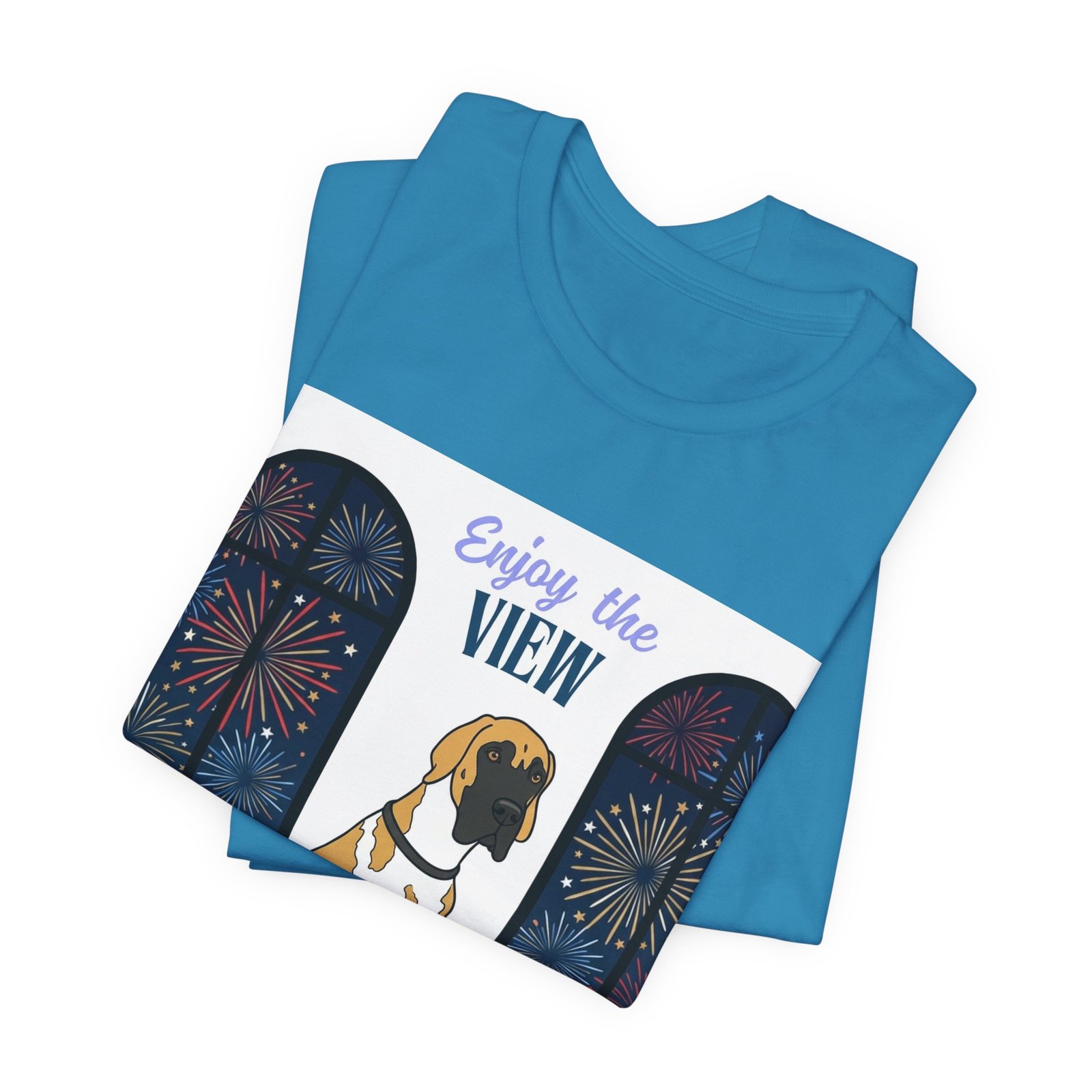 Fawnequin Great Dane Enjoy the View T-Shirt — Dog Watching Fireworks Graphic Tee - Image 9