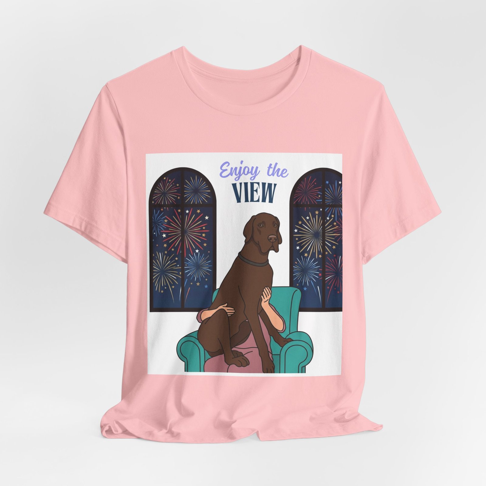Chocolate Great Dane Enjoy the View T-Shirt — Dog Watching Fireworks Graphic Tee - Image 64