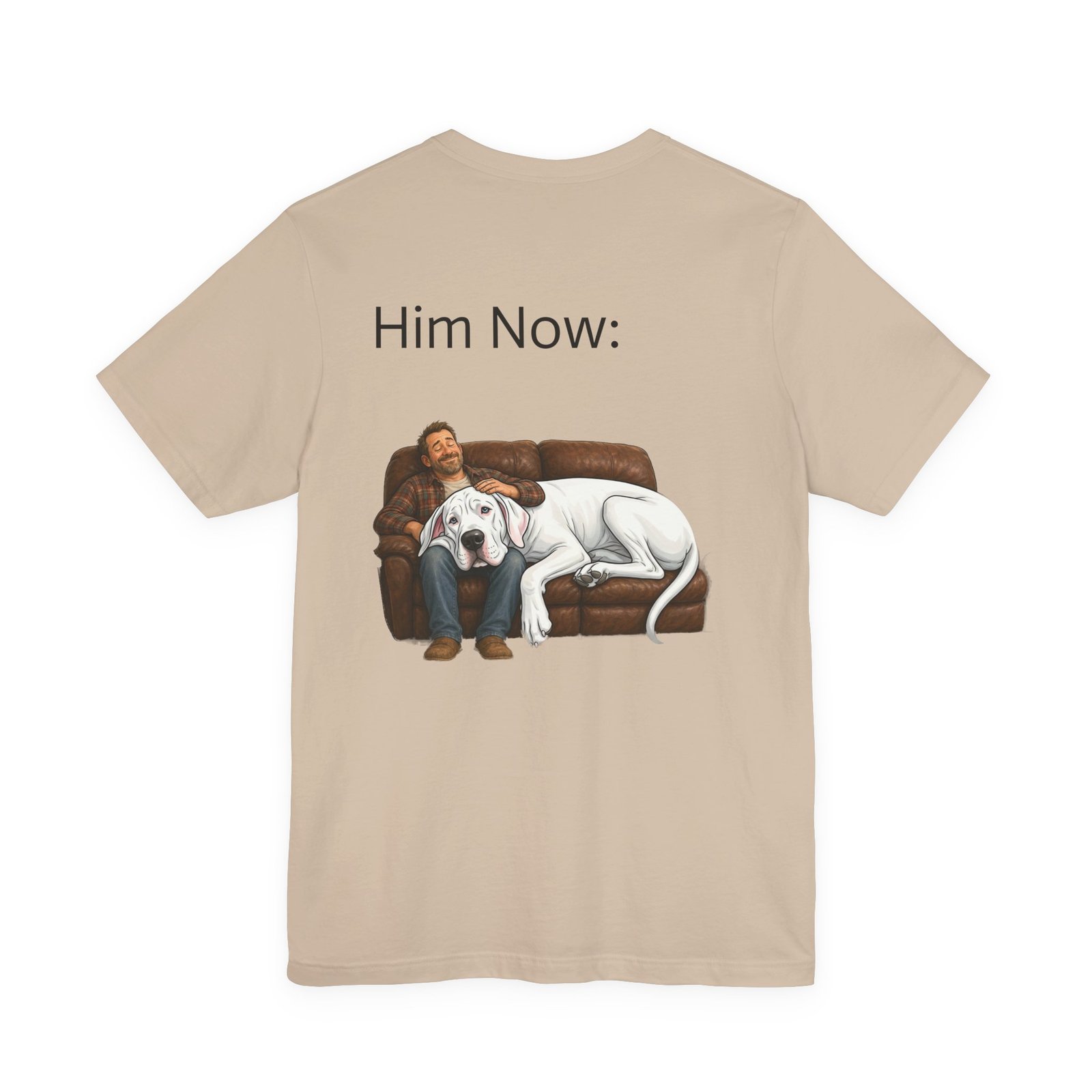 White Great Dane T-Shirt — "NO DOGS" Script Front with Man and Dog on Couch Graphic - Image 58