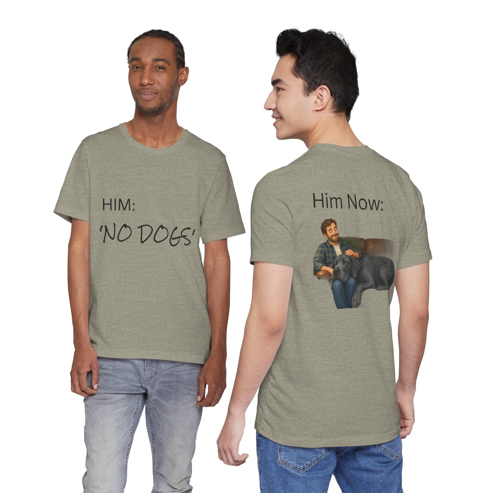 Blue Great Dane T-Shirt — "NO DOGS" Script Front with Man and Dog on Couch Graphic - Image 45