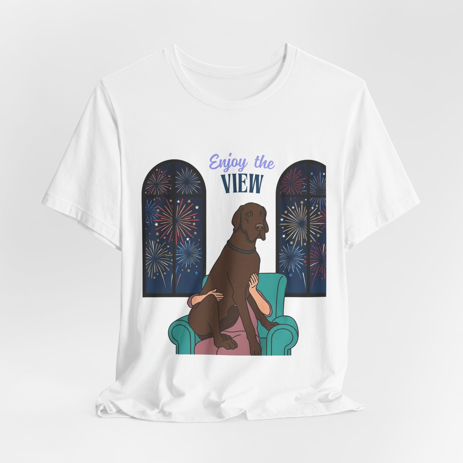 Chocolate Great Dane Enjoy the View T-Shirt — Dog Watching Fireworks Graphic Tee - Image 15