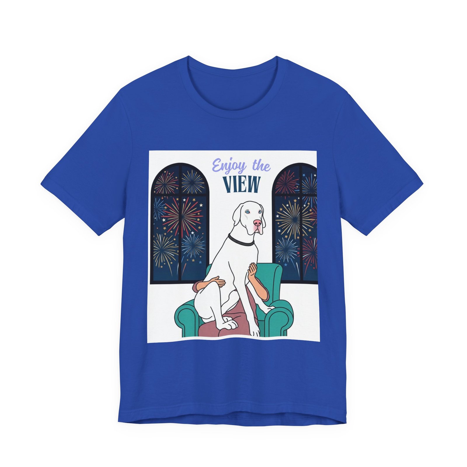 White with Blue Eyes Great Dane Enjoy the View T-Shirt — Dog Watching Fireworks Graphic Tee - Image 41