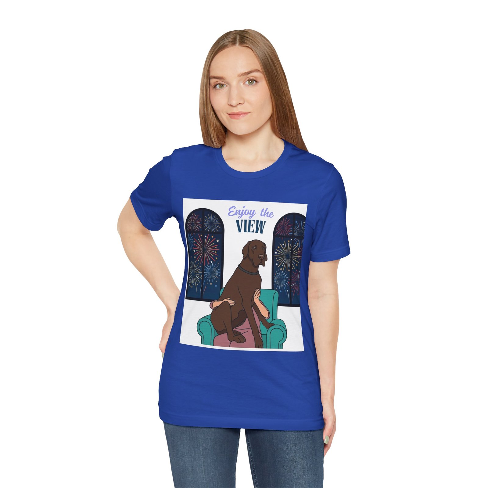 Chocolate Great Dane Enjoy the View T-Shirt — Dog Watching Fireworks Graphic Tee - Image 45