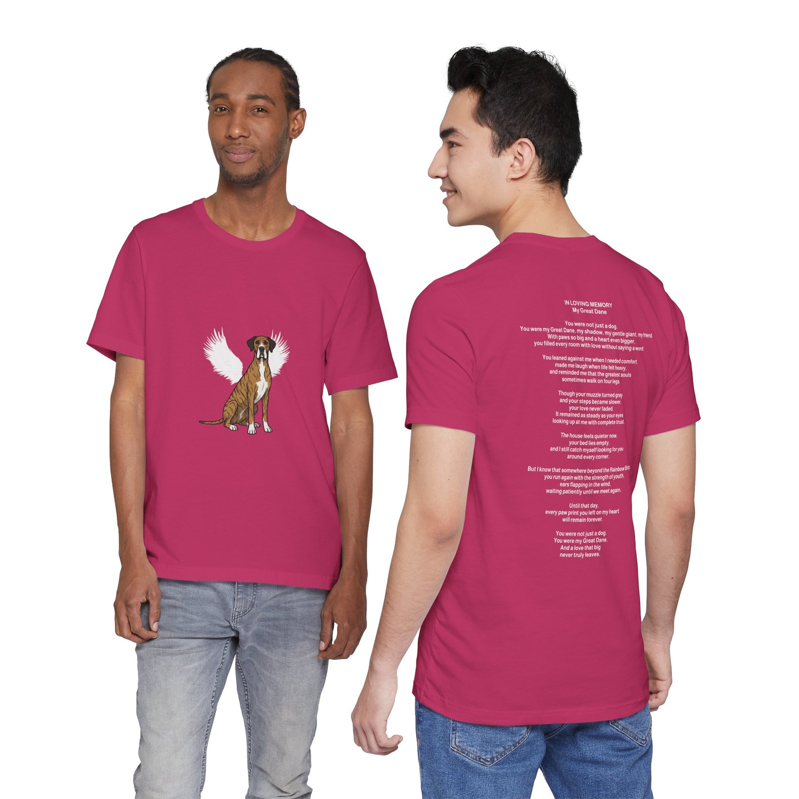 Unisex Brindle with White Chest Snip Great Dane Rainbow Bridge Lyric Back-Print Tee — 'Beloved Memory' Poem Shirt - Image 25