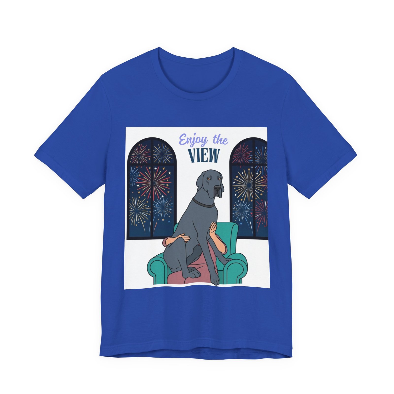 Blue Great Dane Enjoy the View T-Shirt — Dog Watching Fireworks Graphic Tee - Image 41