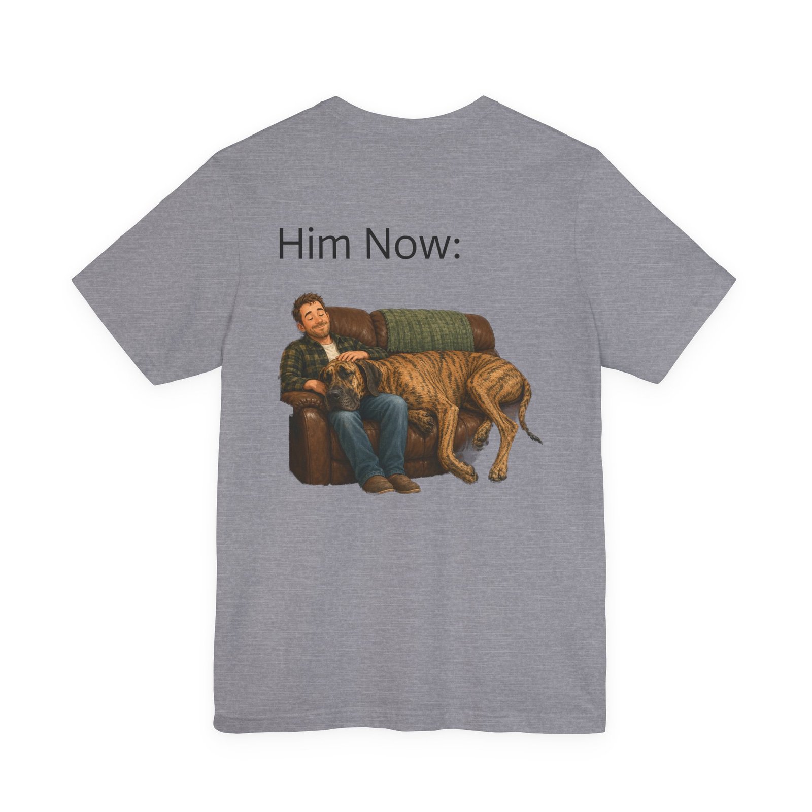 Brindle Great Dane T-Shirt — "NO DOGS" Script Front with Man and Dog on Couch Graphic - Image 47