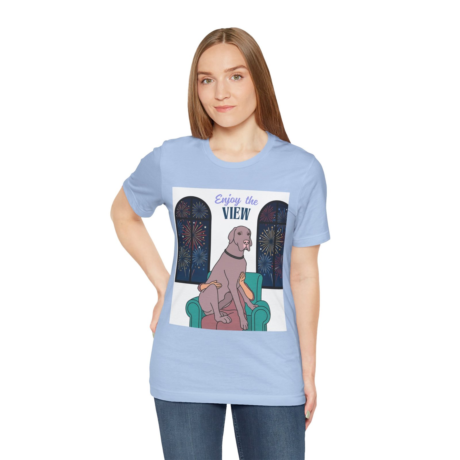 Lilac Great Dane Enjoy the View T-Shirt — Dog Watching Fireworks Graphic Tee - Image 45