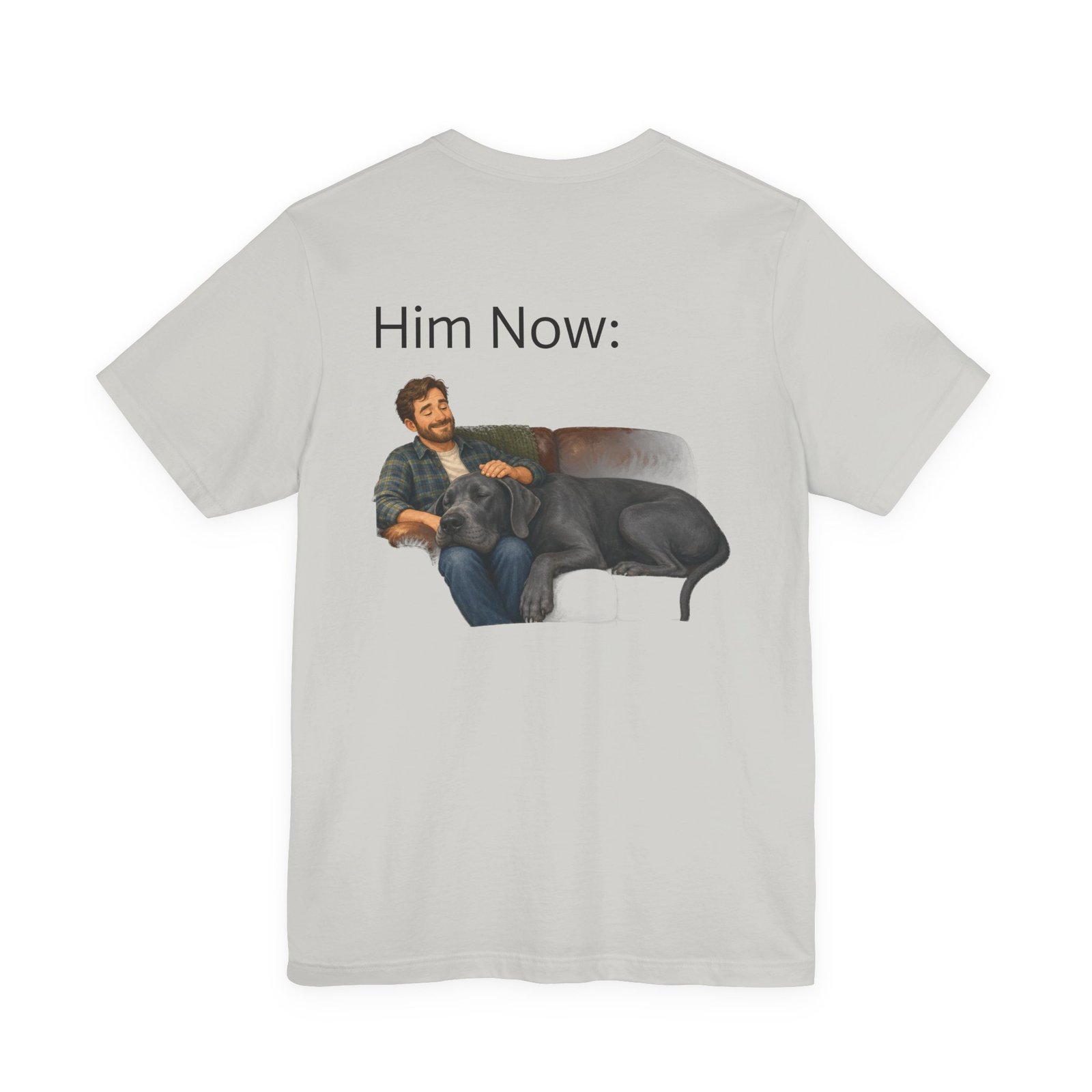 Blue Great Dane T-Shirt — "NO DOGS" Script Front with Man and Dog on Couch Graphic - Image 17