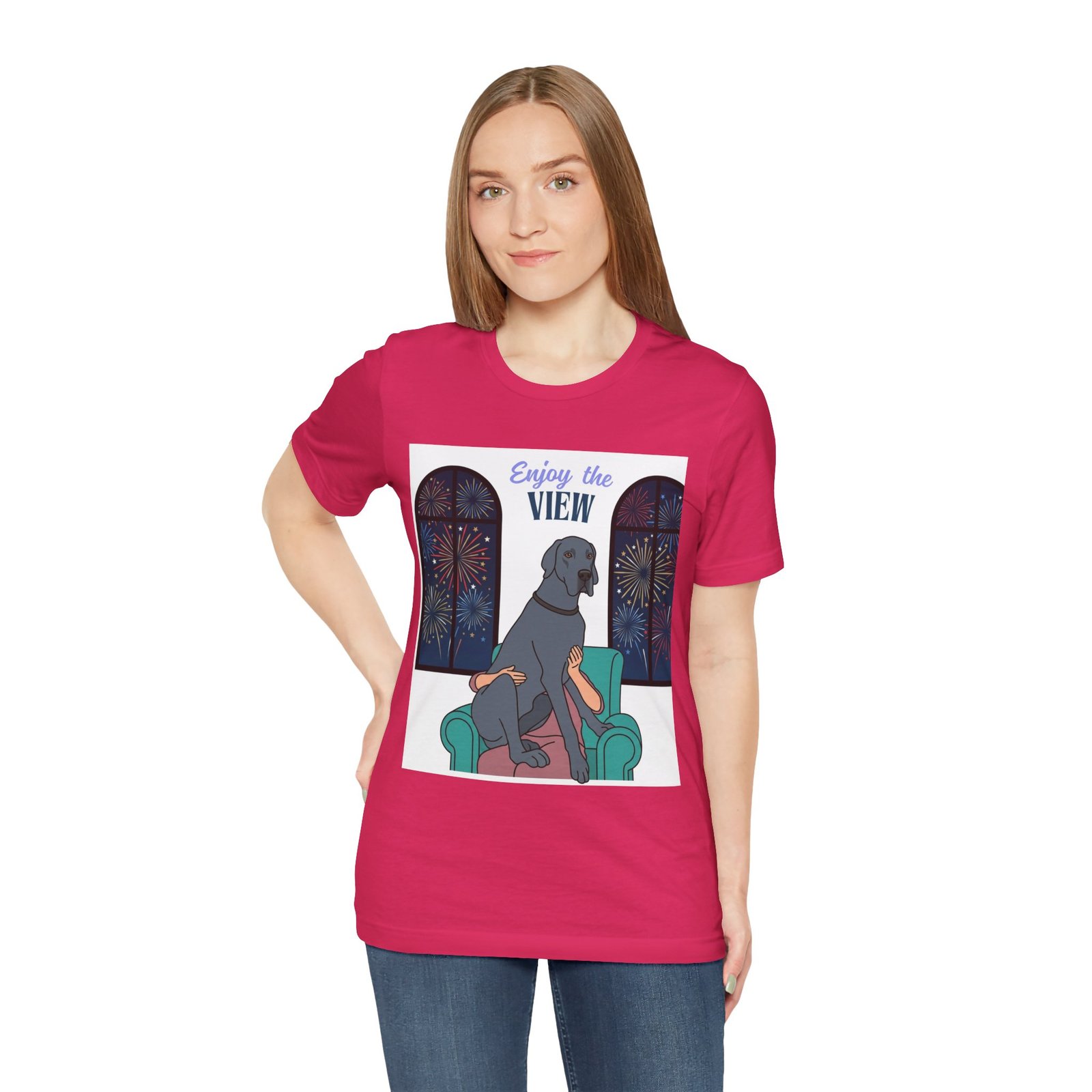 Blue Great Dane Enjoy the View T-Shirt — Dog Watching Fireworks Graphic Tee - Image 60
