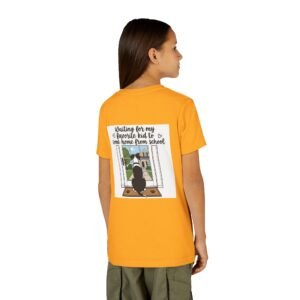Youth Tee – Black & White Mantle Great Dane "Waiting for My Favorite Kid to Come Home from School" Dog Mom Back-Print Kids T-Shirt