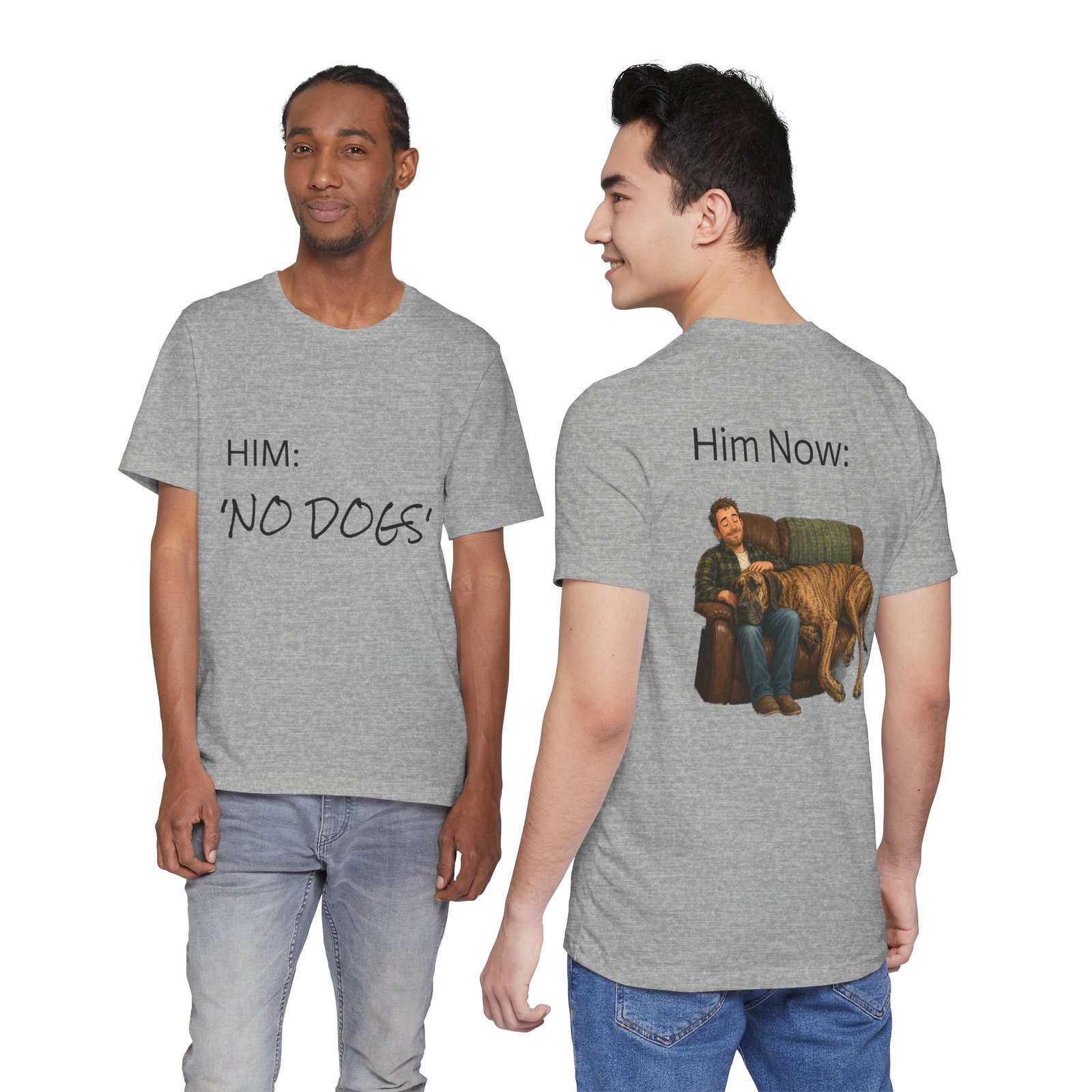 Brindle Great Dane T-Shirt — "NO DOGS" Script Front with Man and Dog on Couch Graphic - Image 35