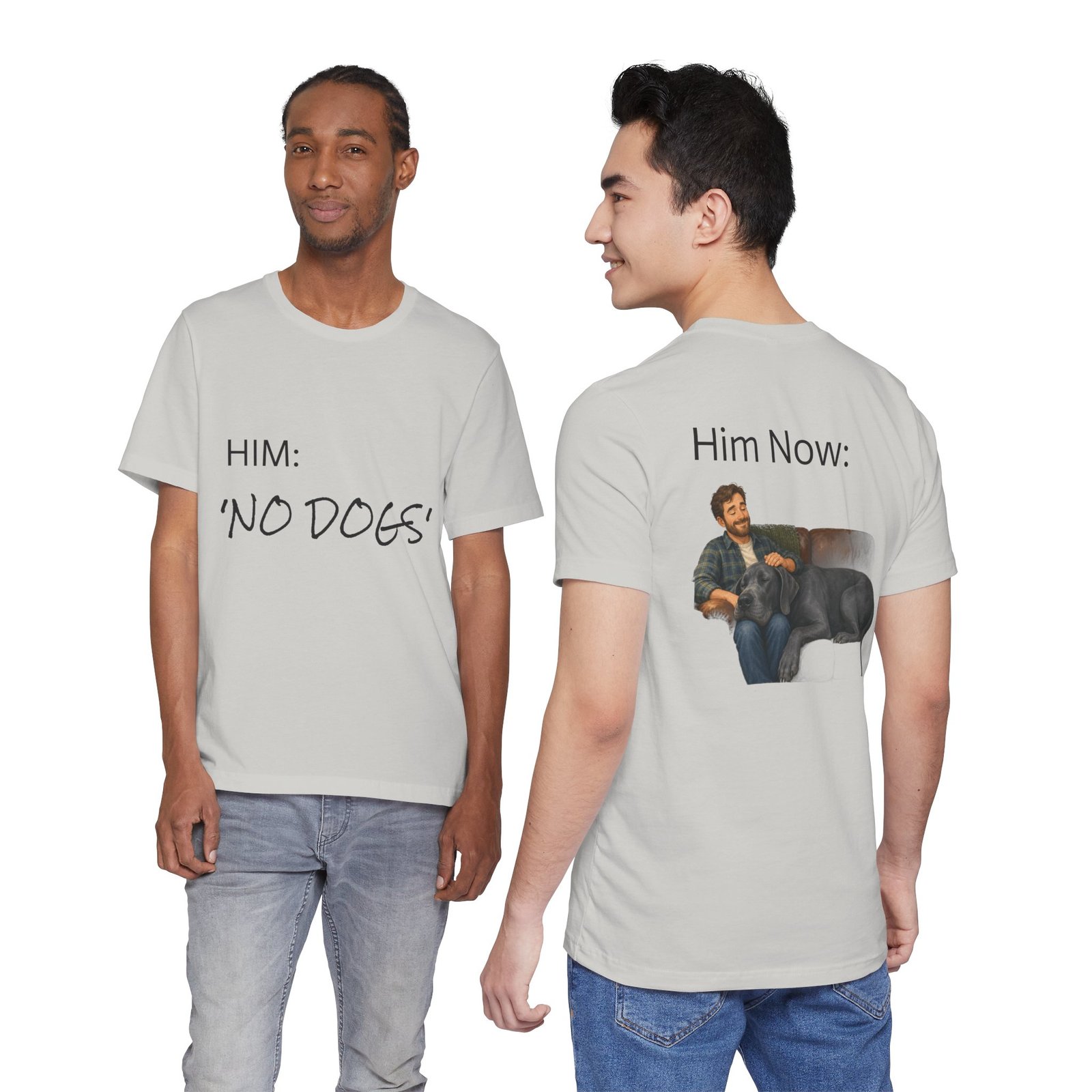 Blue Great Dane T-Shirt — "NO DOGS" Script Front with Man and Dog on Couch Graphic - Image 20