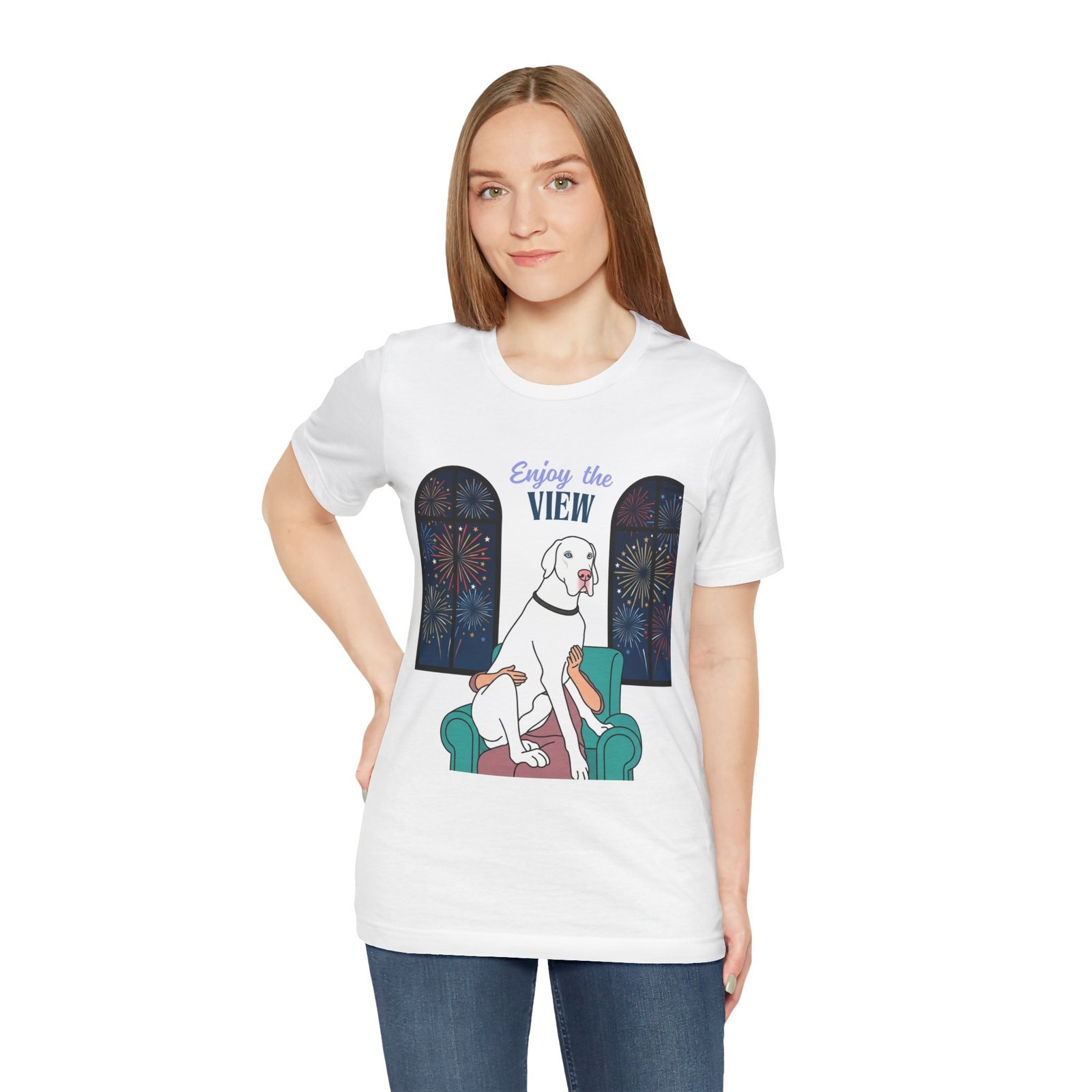 White with Blue Eyes Great Dane Enjoy the View T-Shirt — Dog Watching Fireworks Graphic Tee - Image 16