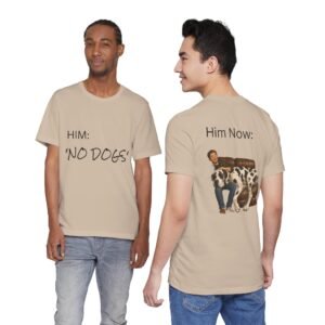 Harlequin Great Dane T-Shirt — "NO DOGS" Script Front with Man and Dog on Couch Graphic