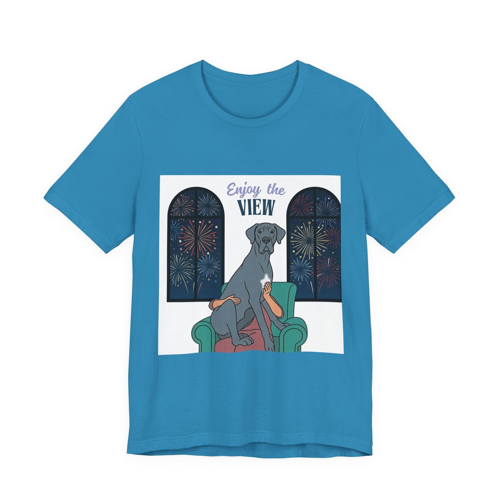 Blue with white chest marking Great Dane Enjoy the View T-Shirt — Dog Watching Fireworks Graphic Tee - Image 7