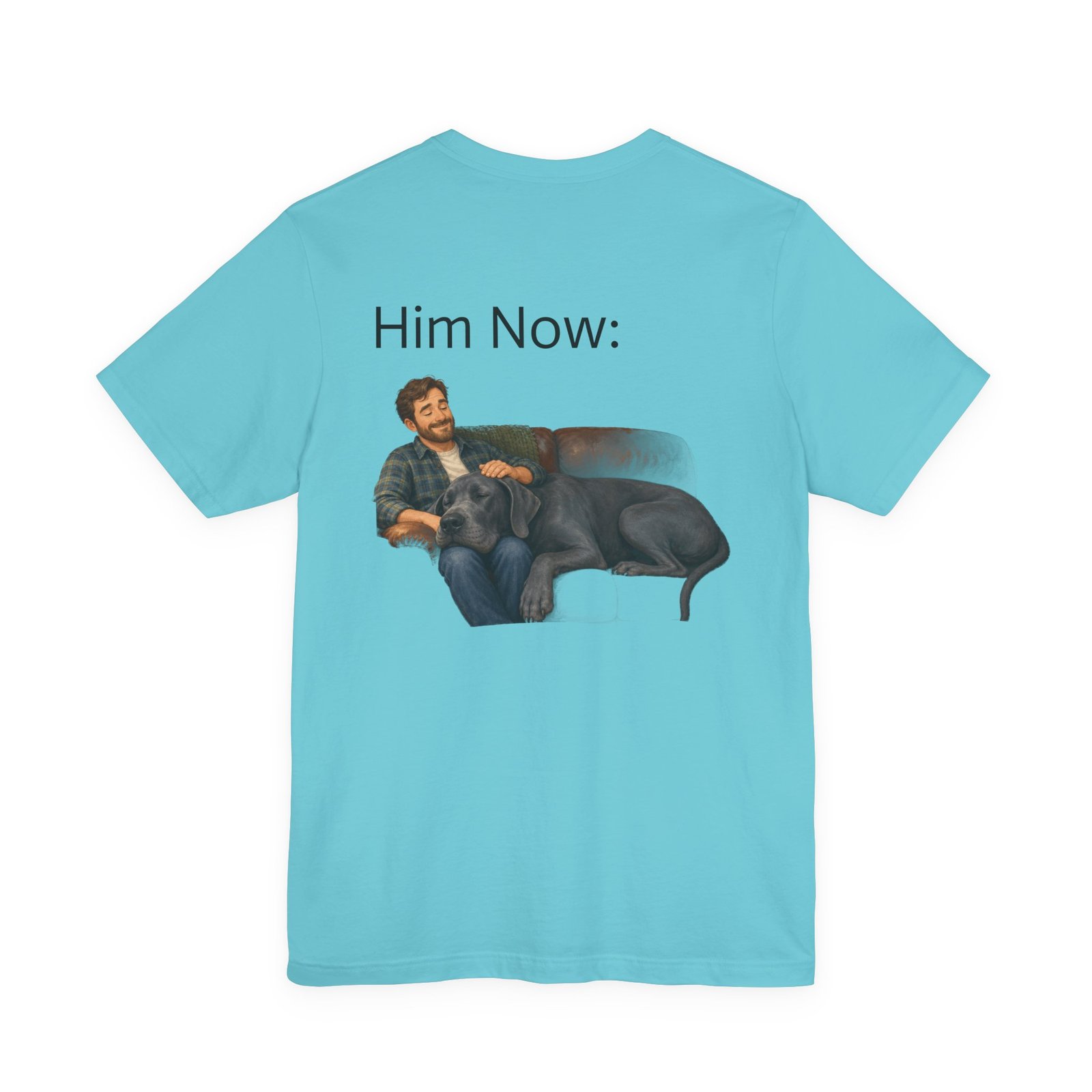 Blue Great Dane T-Shirt — "NO DOGS" Script Front with Man and Dog on Couch Graphic - Image 54