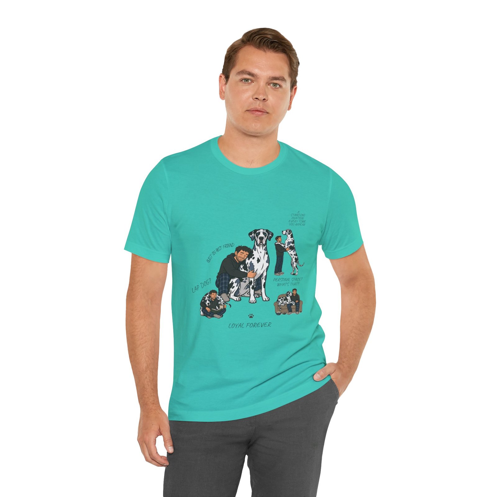 Blue and Black Merlequin with blue eyes Great Danes Illustrated Tee — "Men + Great Danes" Graphic T-Shirt - Image 48